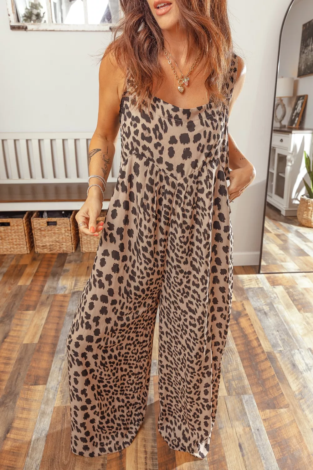 Leopard Print Square Neck Pleated Wide Leg Jumpsuit, image 8