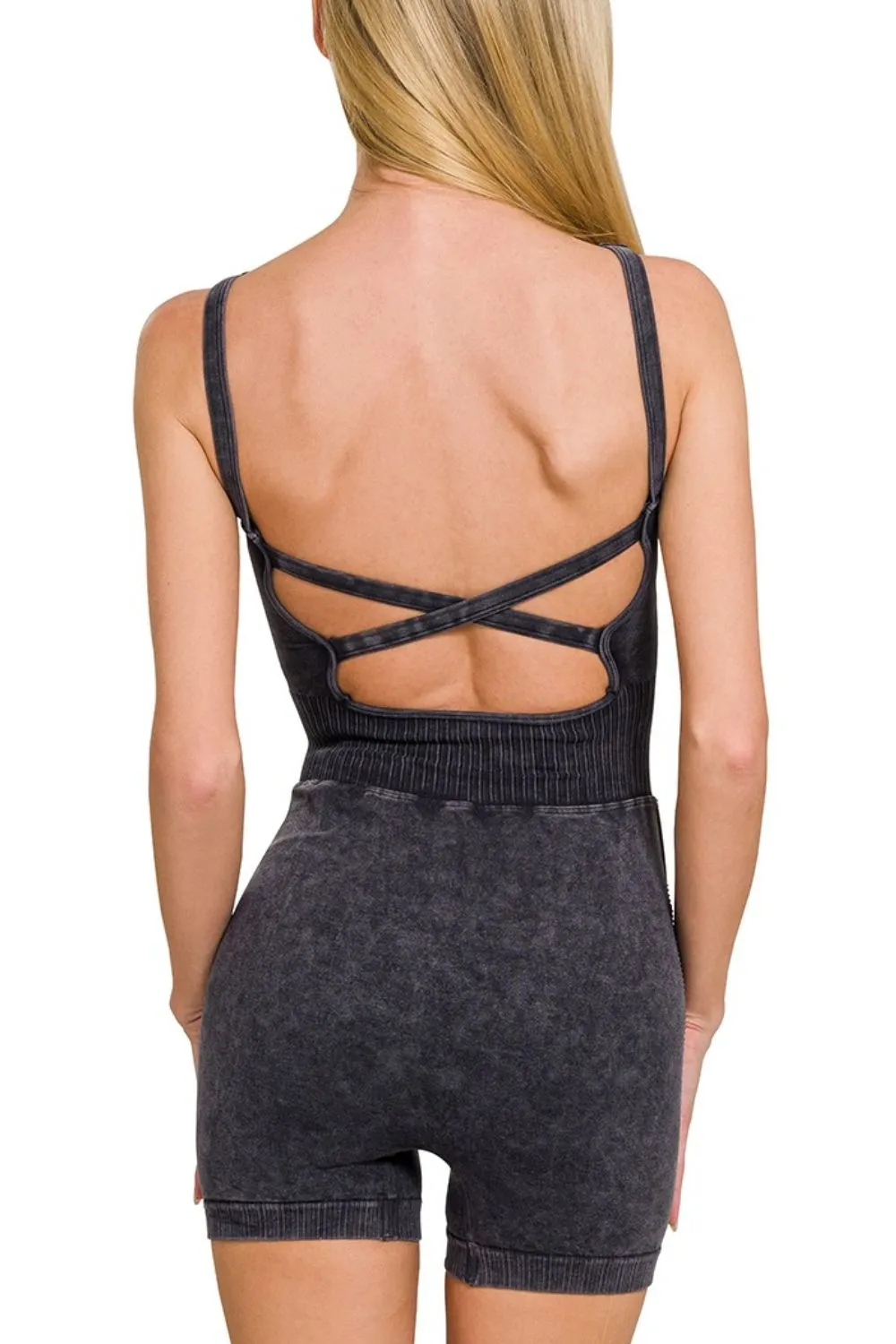 Washed Sports Romper With Removable Bra Pad, image 2