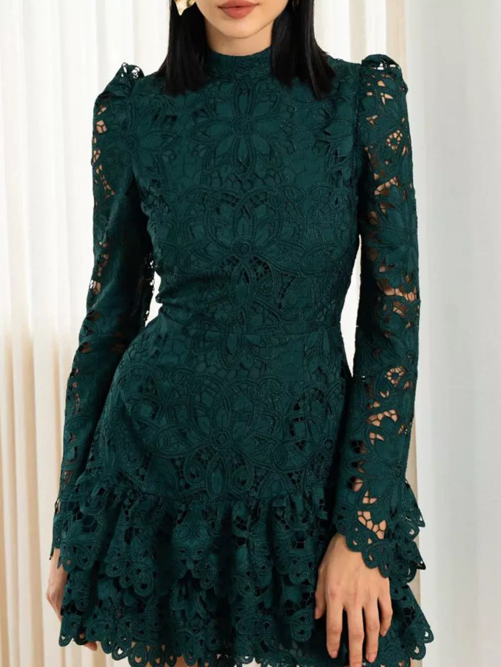 Lace Mock Neck Long Sleeve Mini Dress, image 5