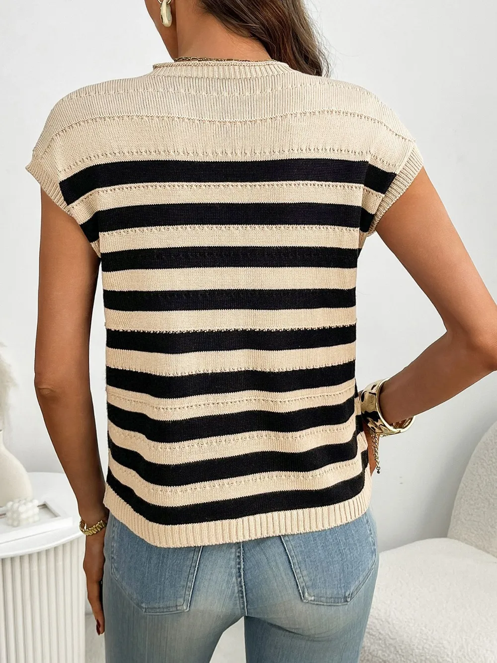 Striped Mock Neck Cap Sleeve Knit Top, image 2