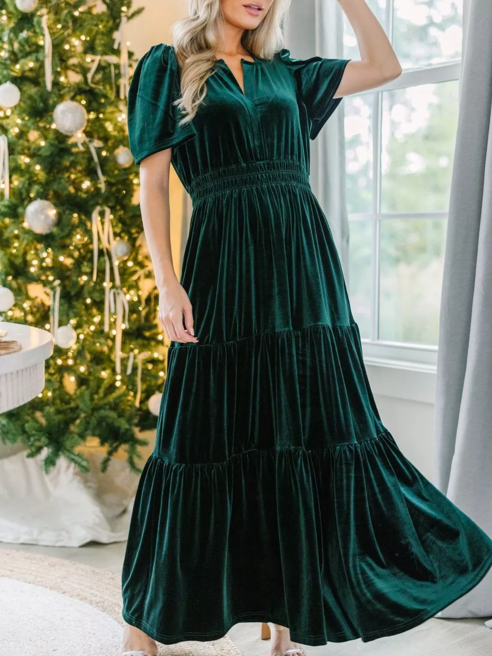 Velvet Tiered Short Sleeve Maxi Dress, image 2