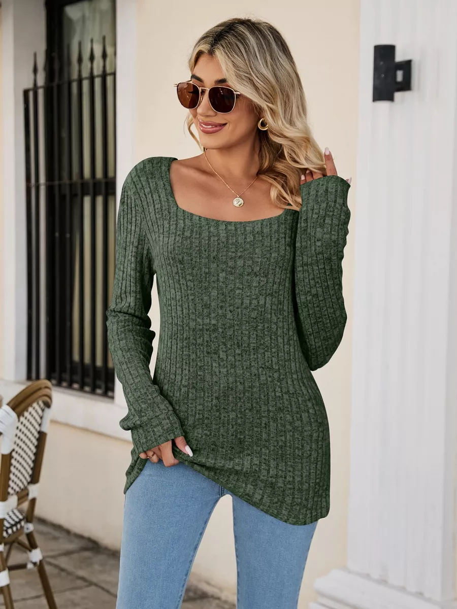Ribbed Square Neck Long Sleeve T-Shirt, image 20