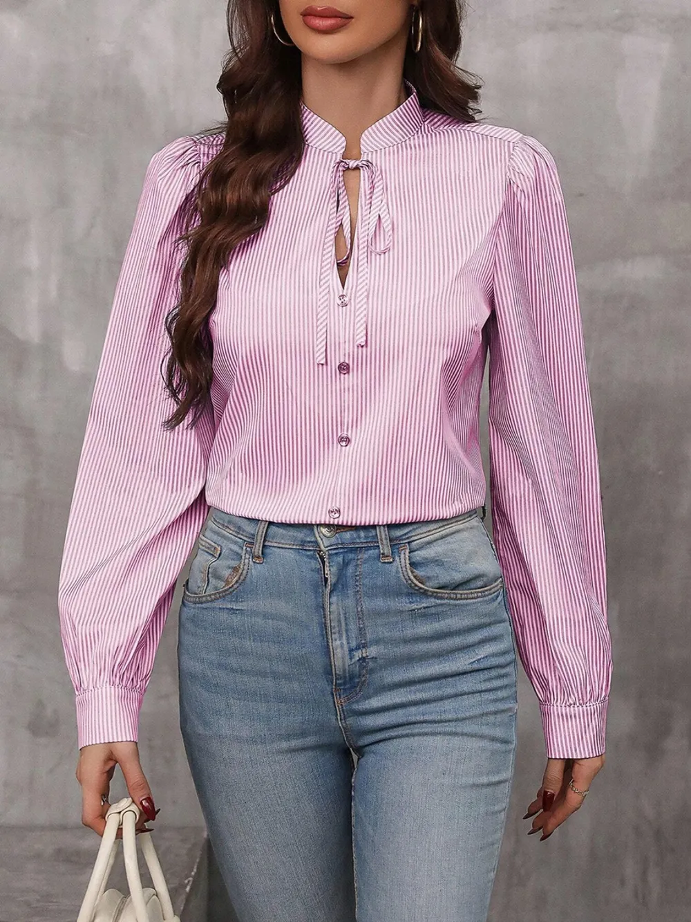 Striped Tie Neck Long Sleeve Blouse, image 8
