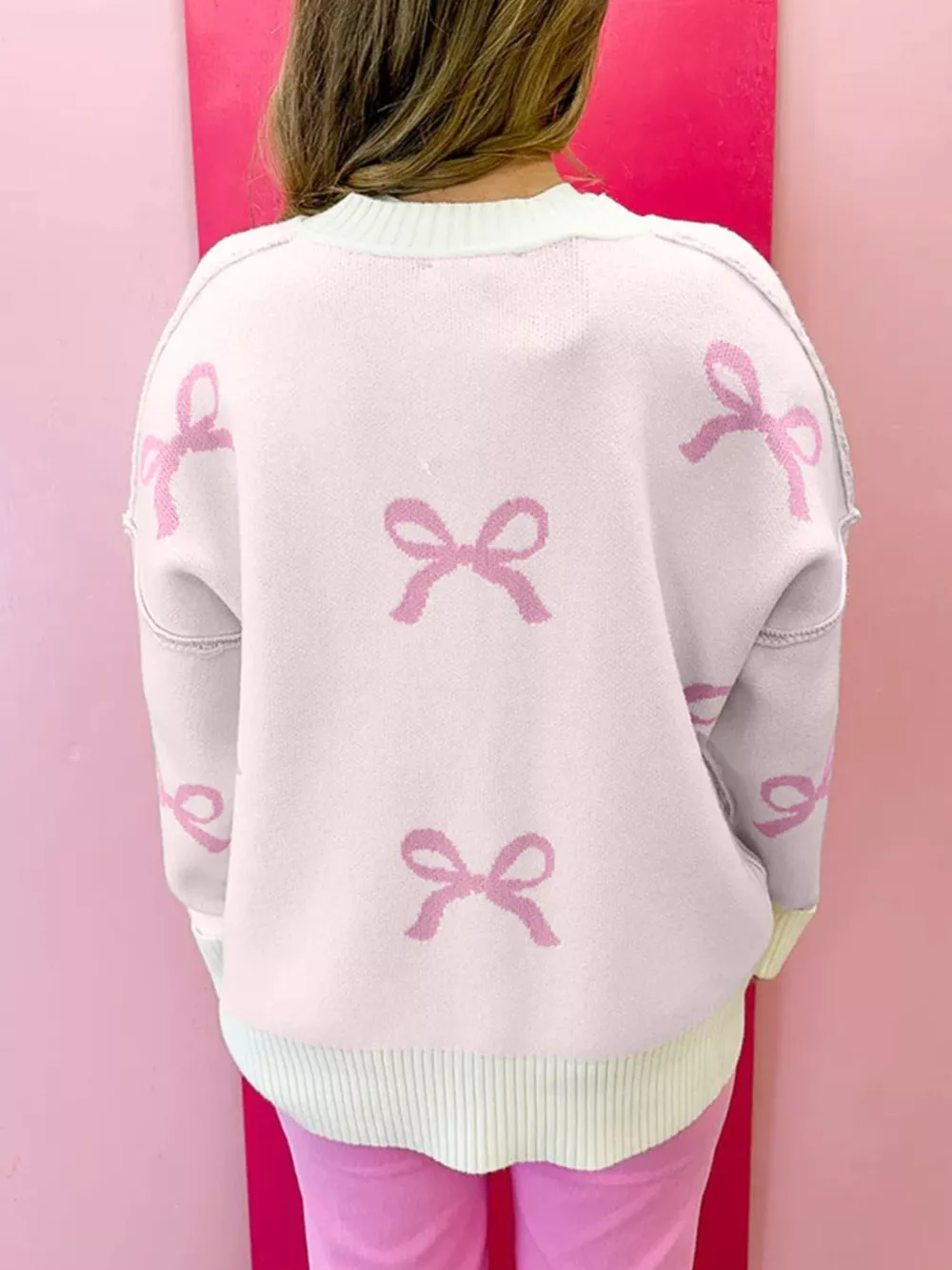 Bow Print Ribbed Trim Exposed Seam Drop Shoulder Loose Sweater, image 2