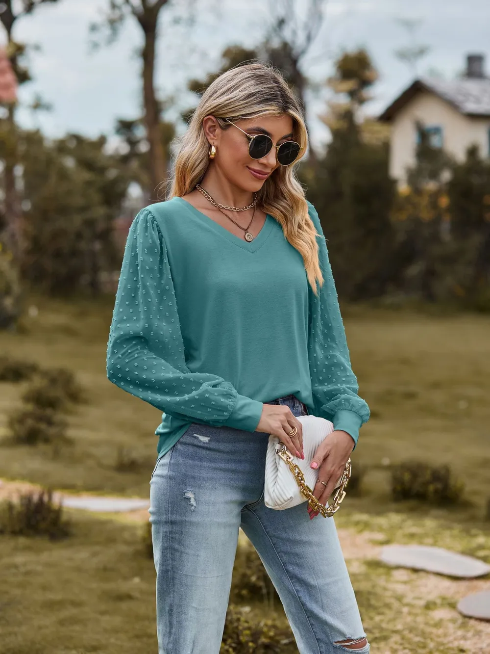 Swiss Dot V-Neck Long Sleeve Blouse, image 2