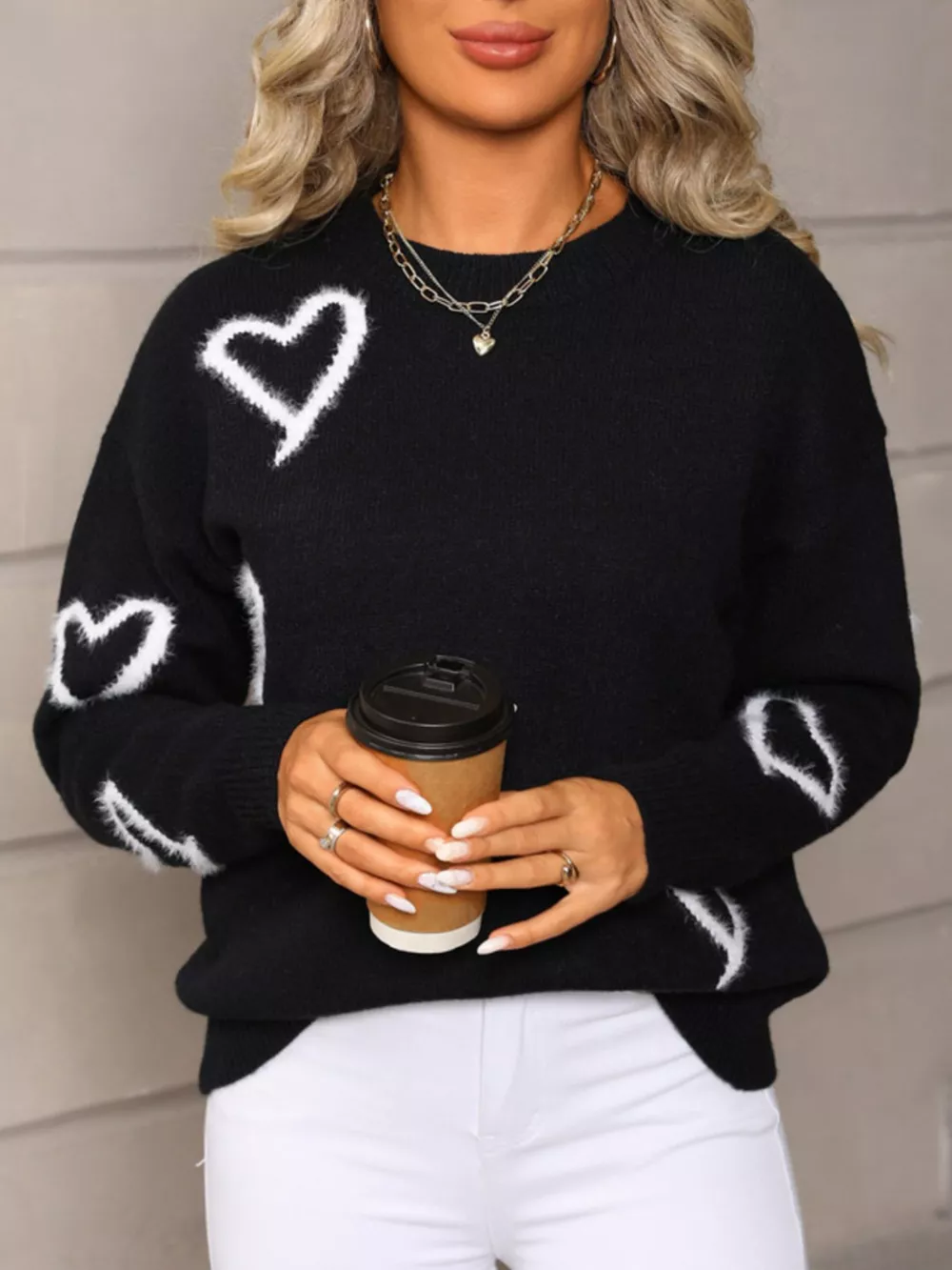 Valentine's Day Heart Print Crew Neck Sweater