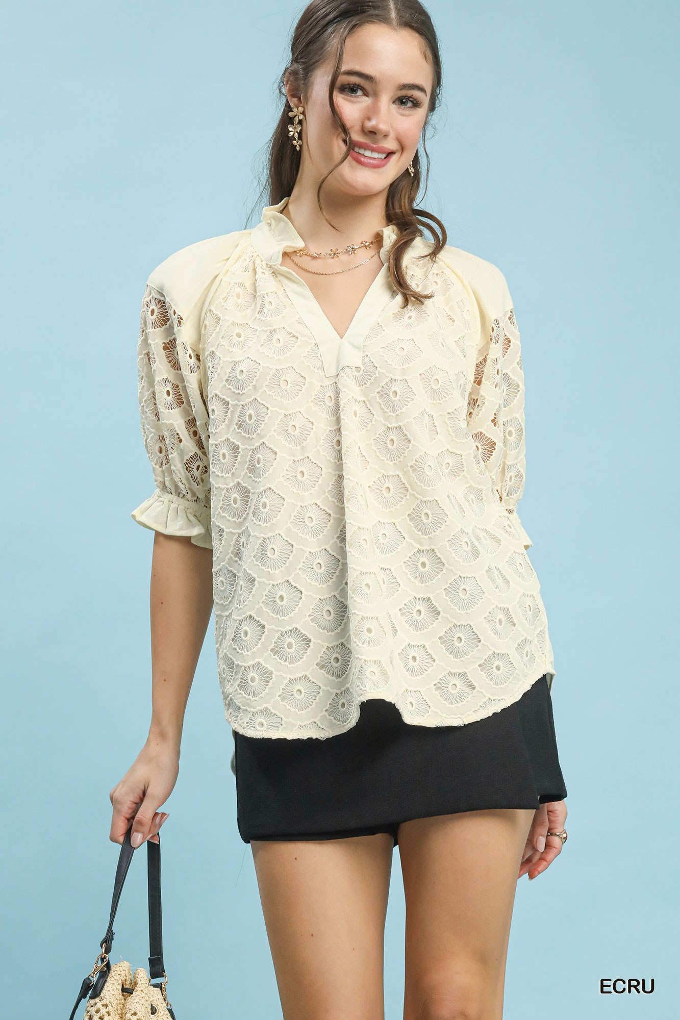 Linen V-Neck Lace Puff Sleeve Top
