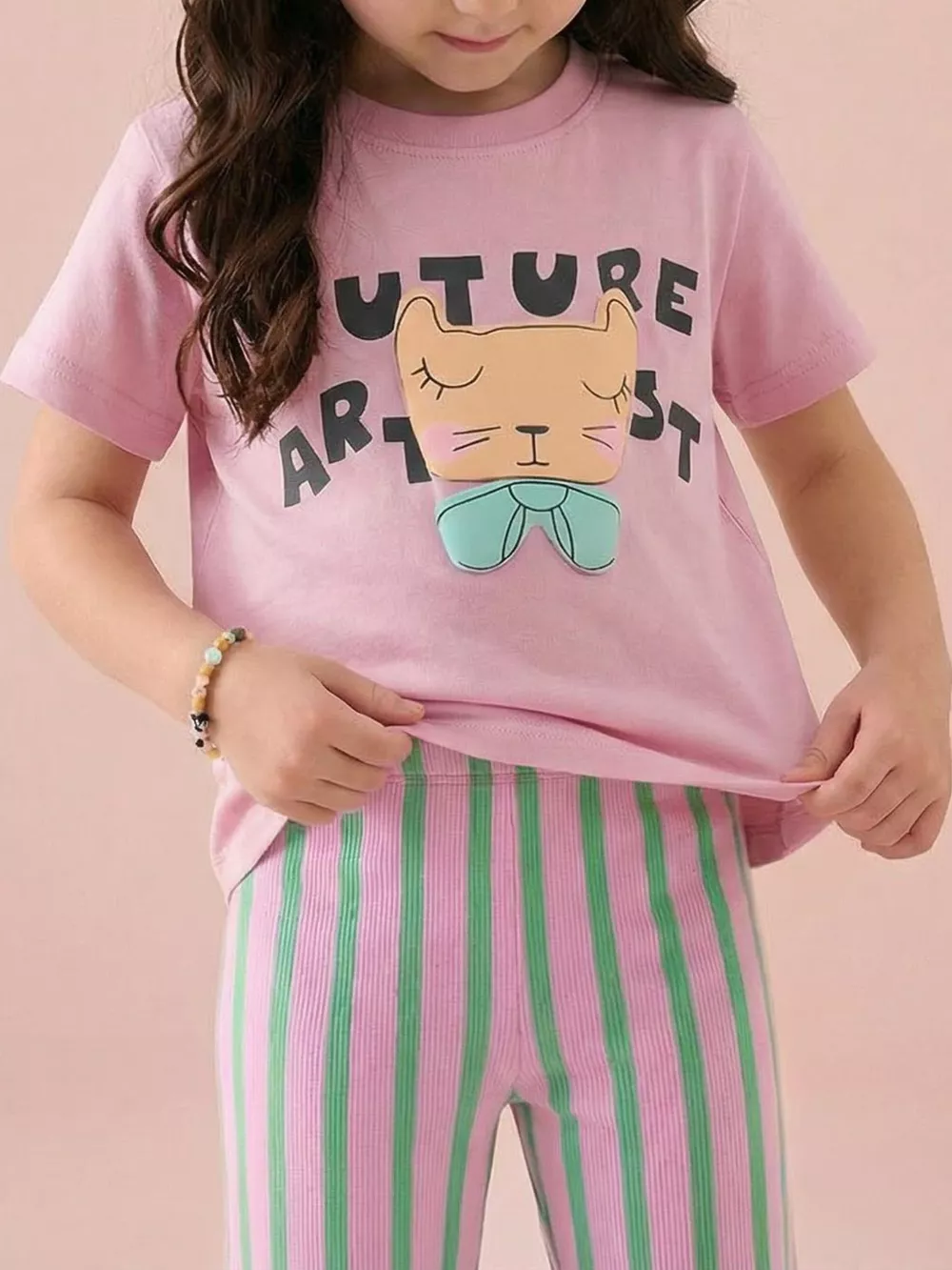 Children's Cat Graphic Round Neck T-Shirt