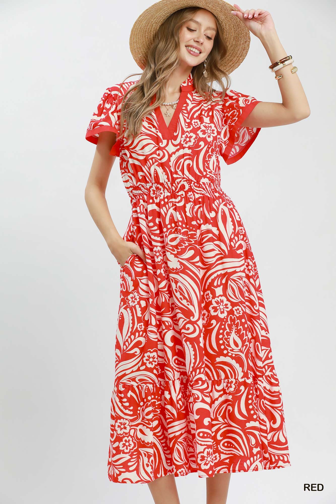 Paisley Print Midi Dress with Side Pockets