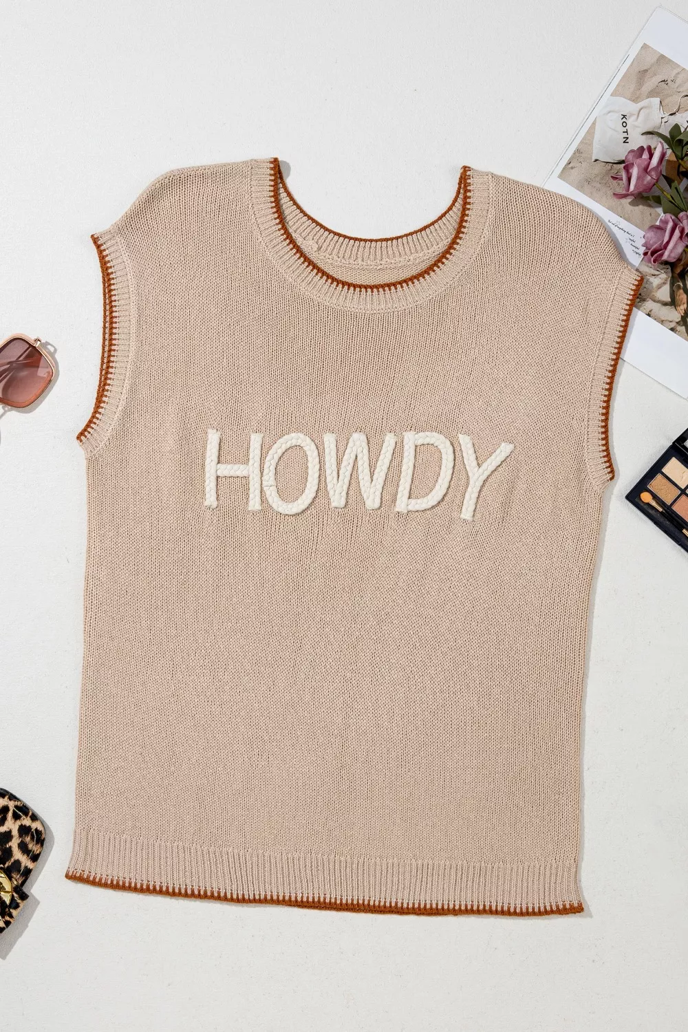 Contrast Trim Knit HOWDY Western Sweater Vest, image 3