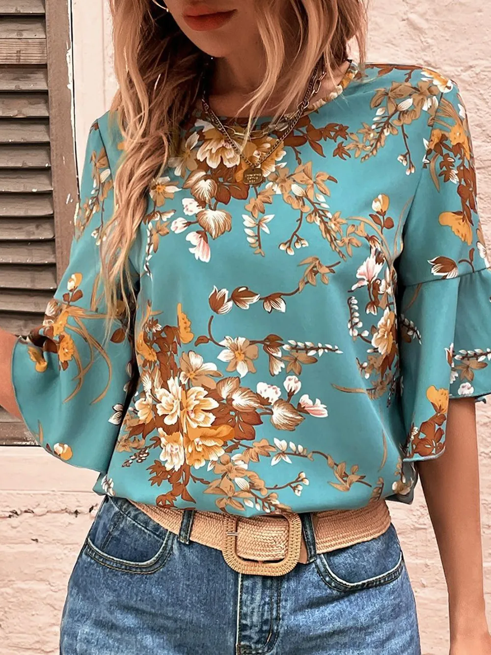 Printed Round Neck Half Sleeve Blouse, image 2