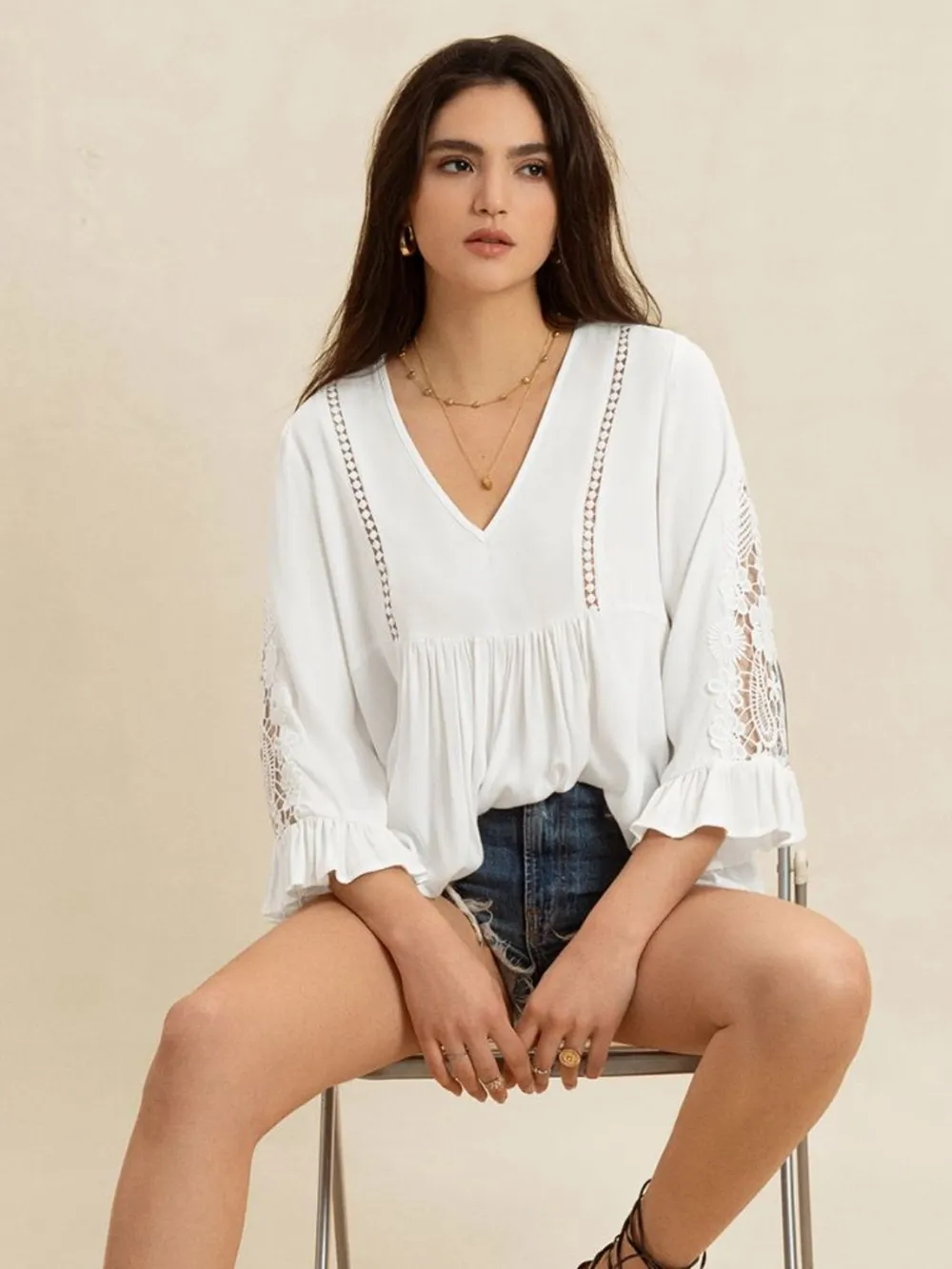 V-Neck Lace Flounce Sleeve Top, image 2