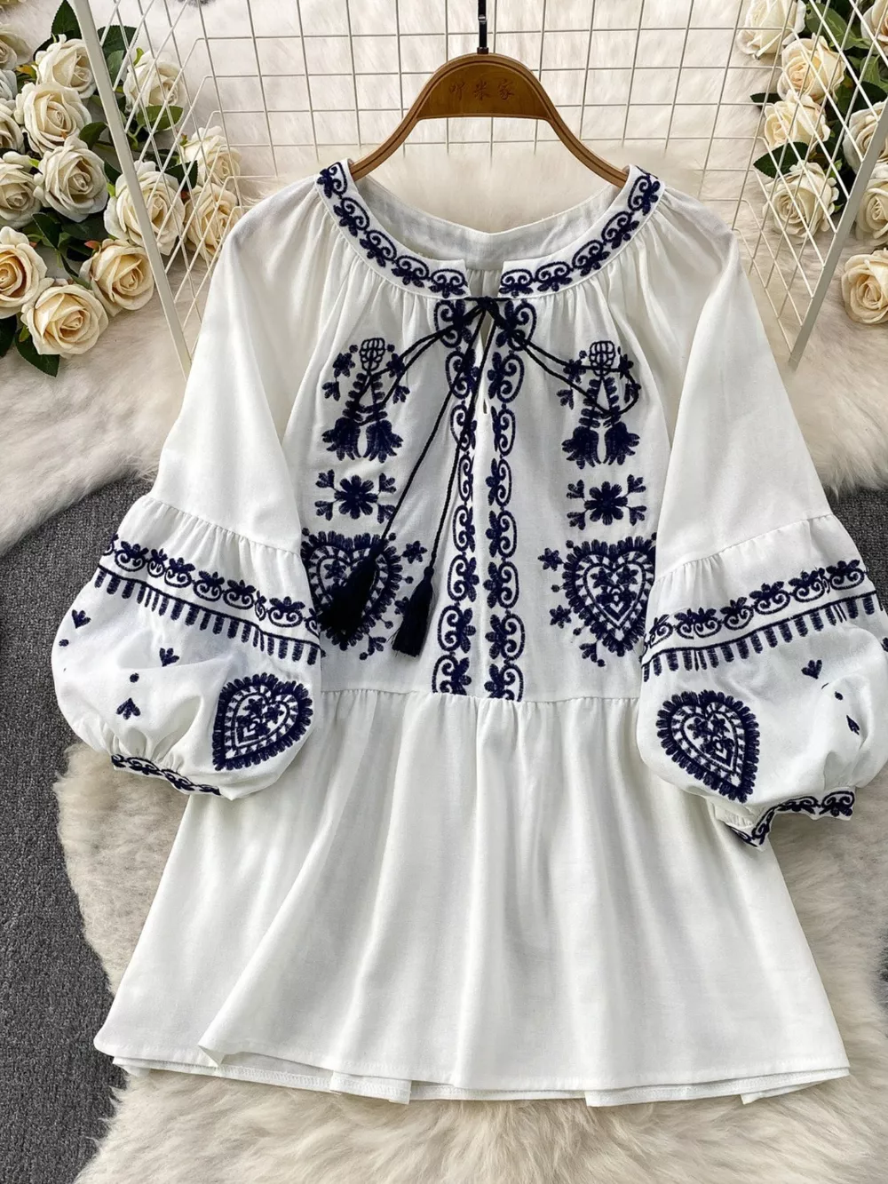Embroidered Tie Neck Blouse, image 13