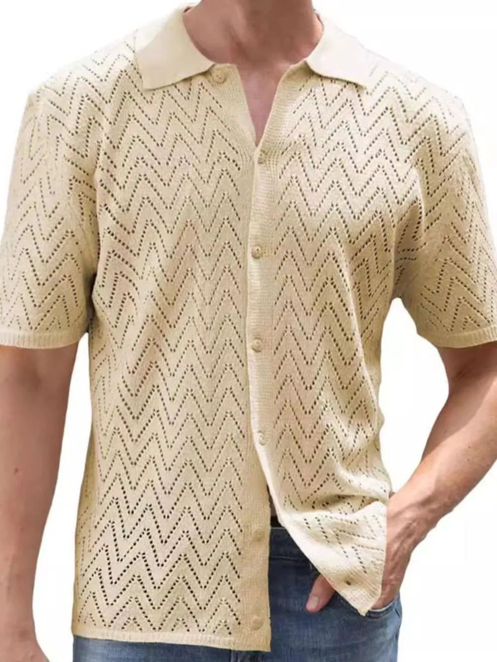 Men's Full Size Openwork Button Down Short Sleeve Shirt Plus Size, image 2