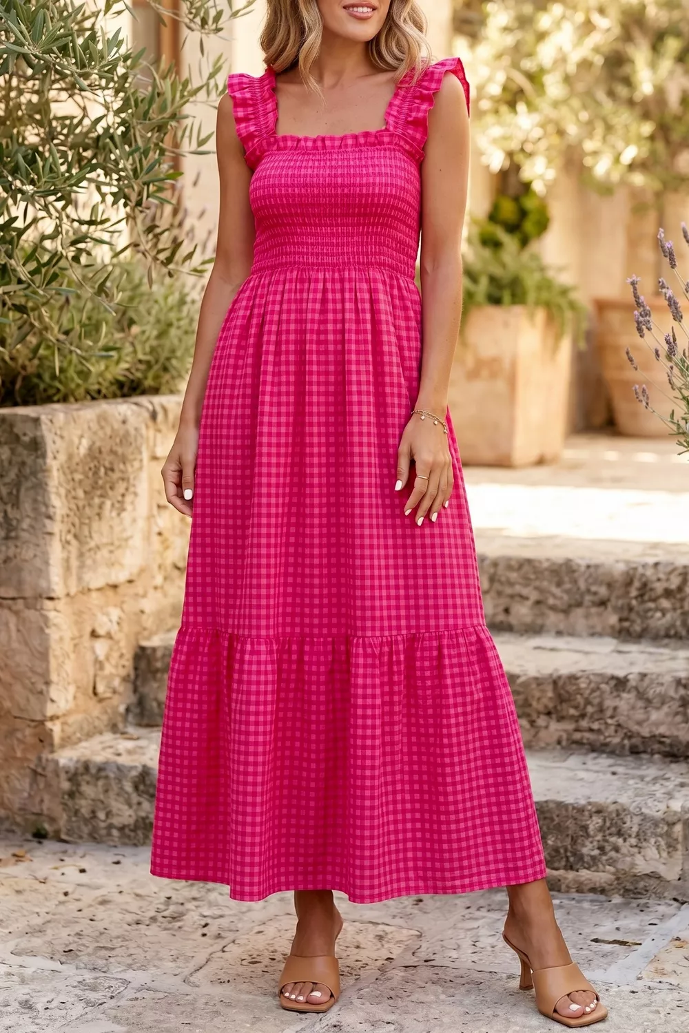Plaid Square Neck Fit-and-flared Vacation Sundress, image 3