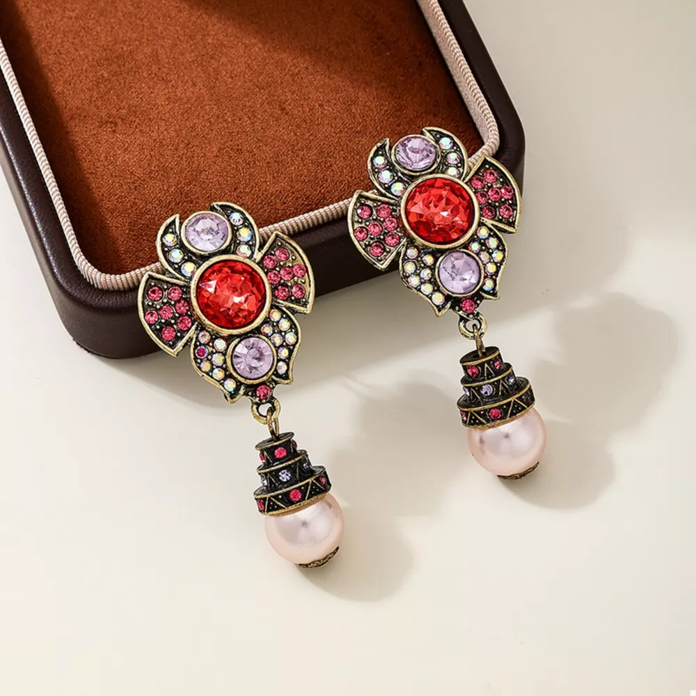 Zinc Alloy Flower Pearl Drop Earrings, image 2