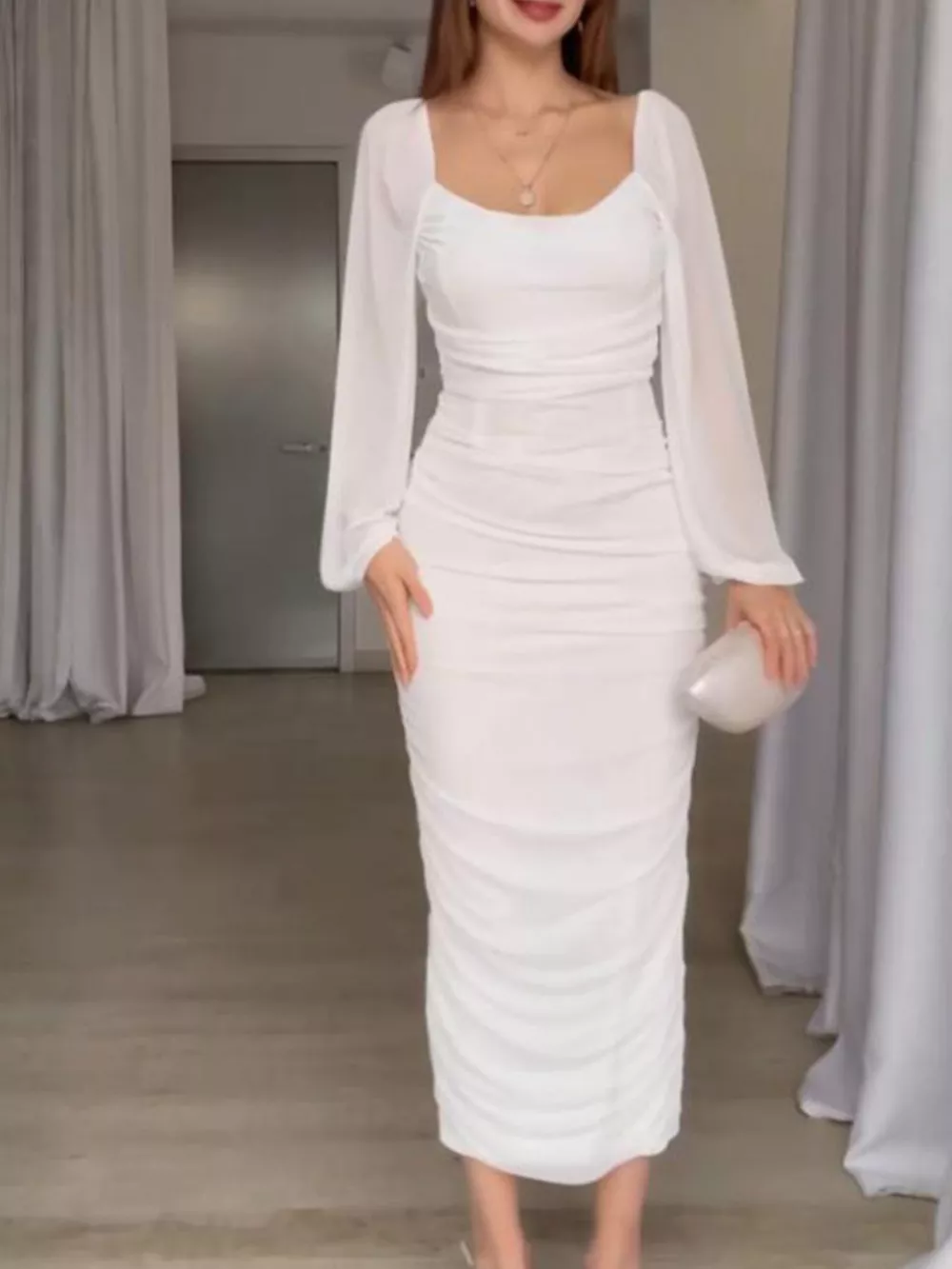 Ruched Sheer Long Sleeve Dress, image 4