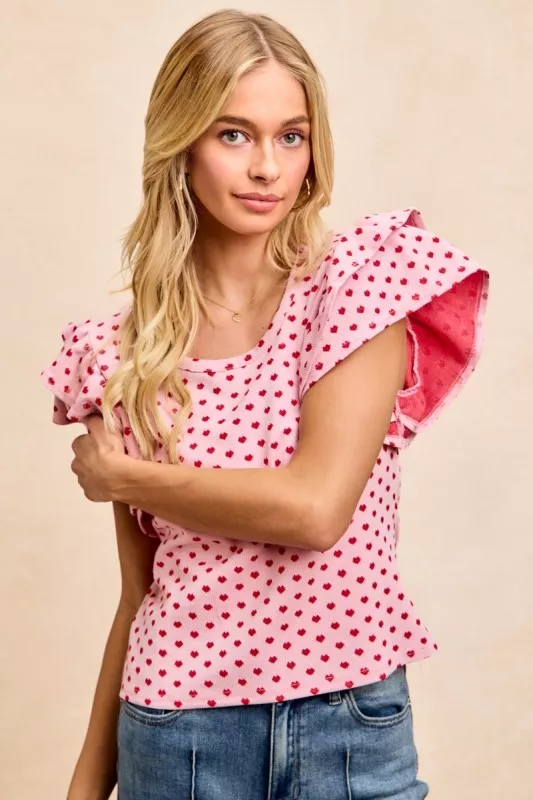 Heart Patterned Knit Ruffled Sleeves Top, image 2