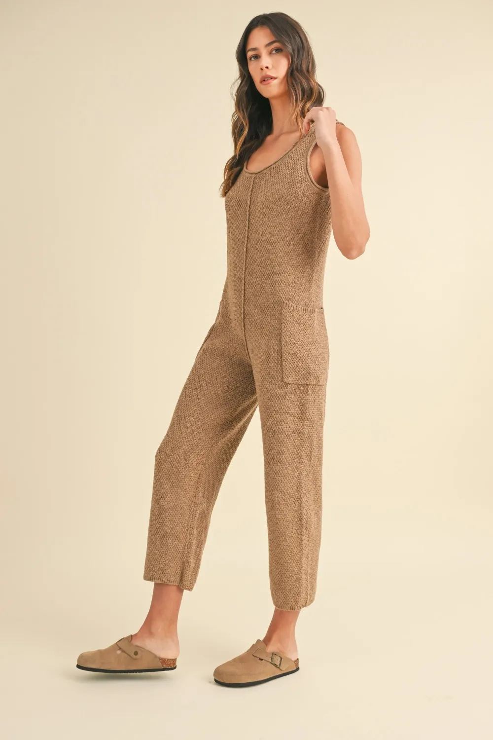 Sleeveless Knit Crop Jumpsuit with Pockets, image 2