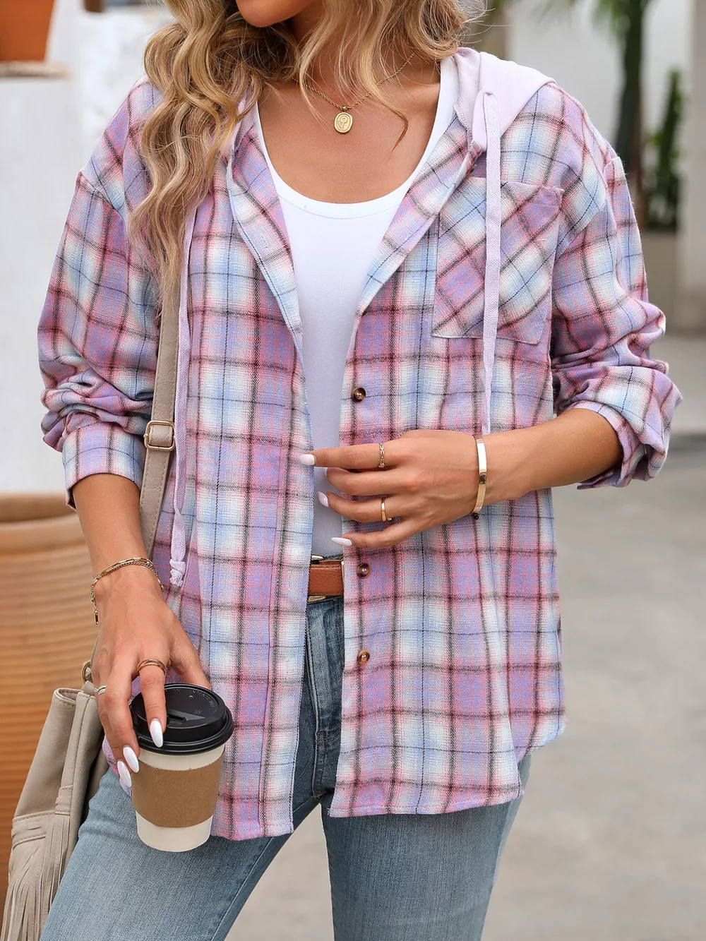 Plaid Button-Up Hooded Shirt with Chest Pocket, image 6
