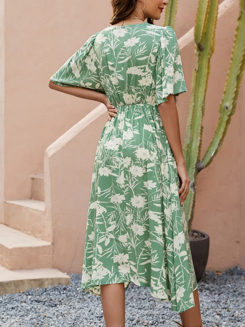 Printed V-Neck Flutter Sleeve Midi Dress, image 7