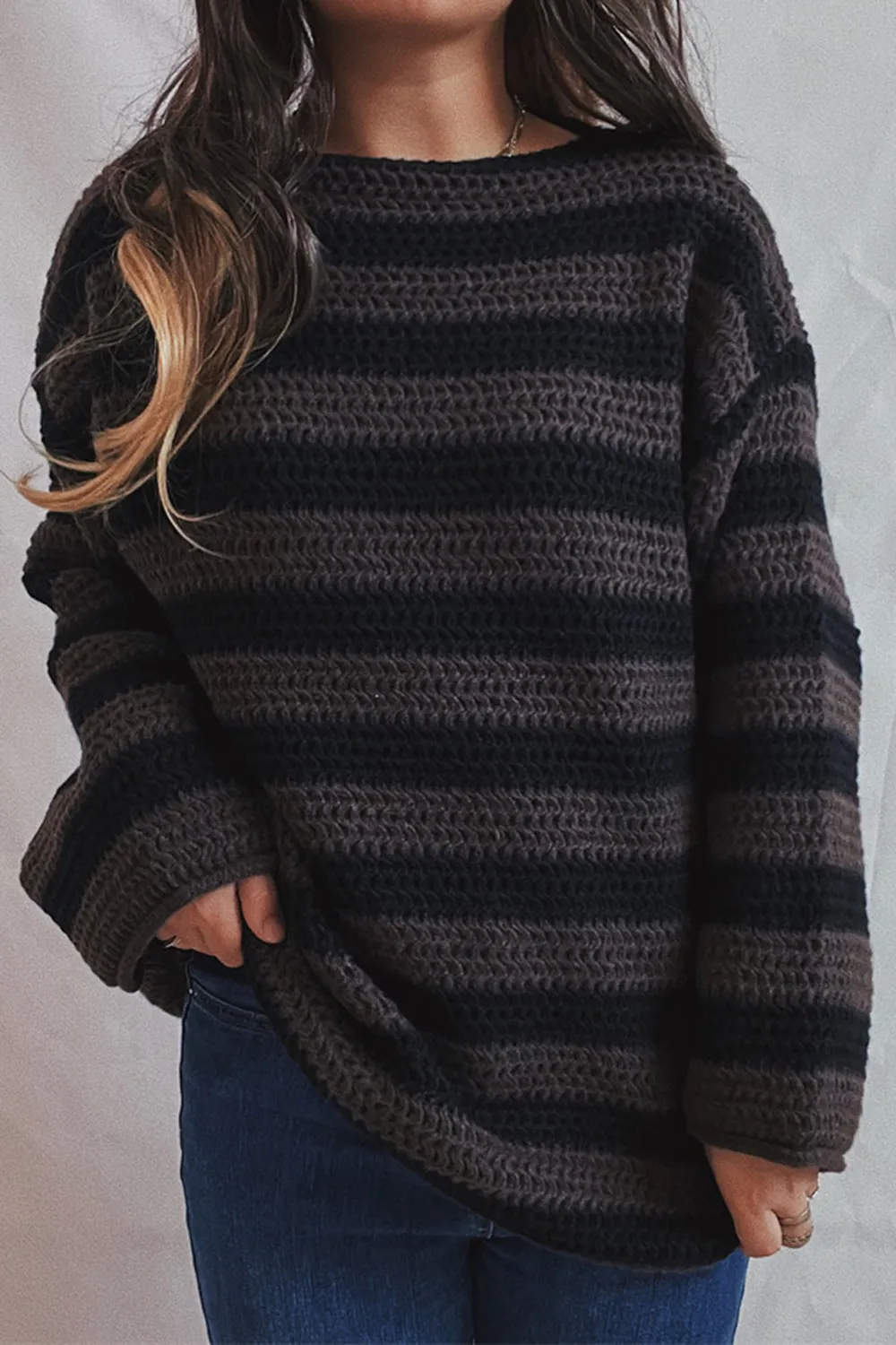 Striped Round Neck Dropped Shoulder Sweater, image 10
