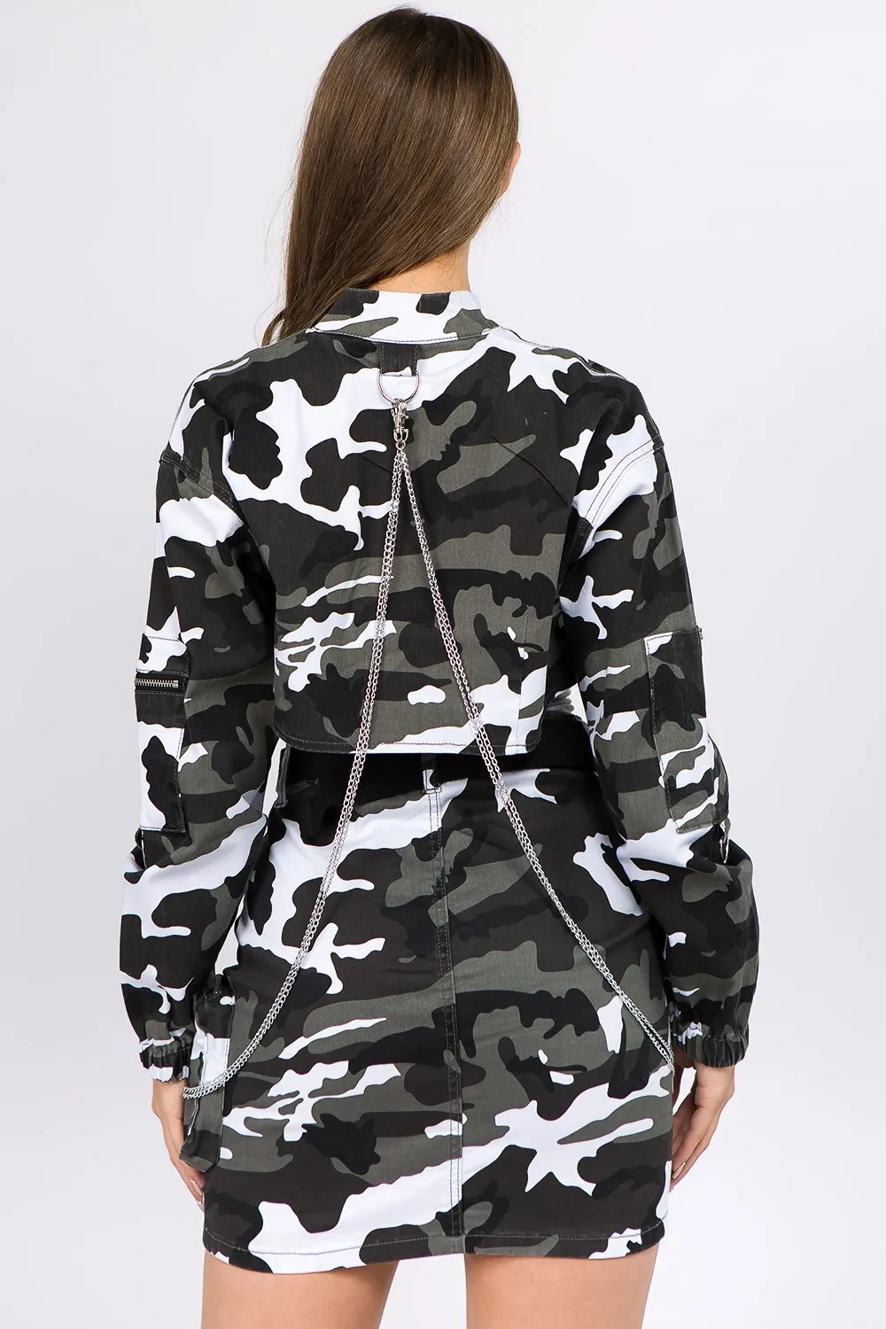 Camouflage Cropped Jacket with Chains, image 2