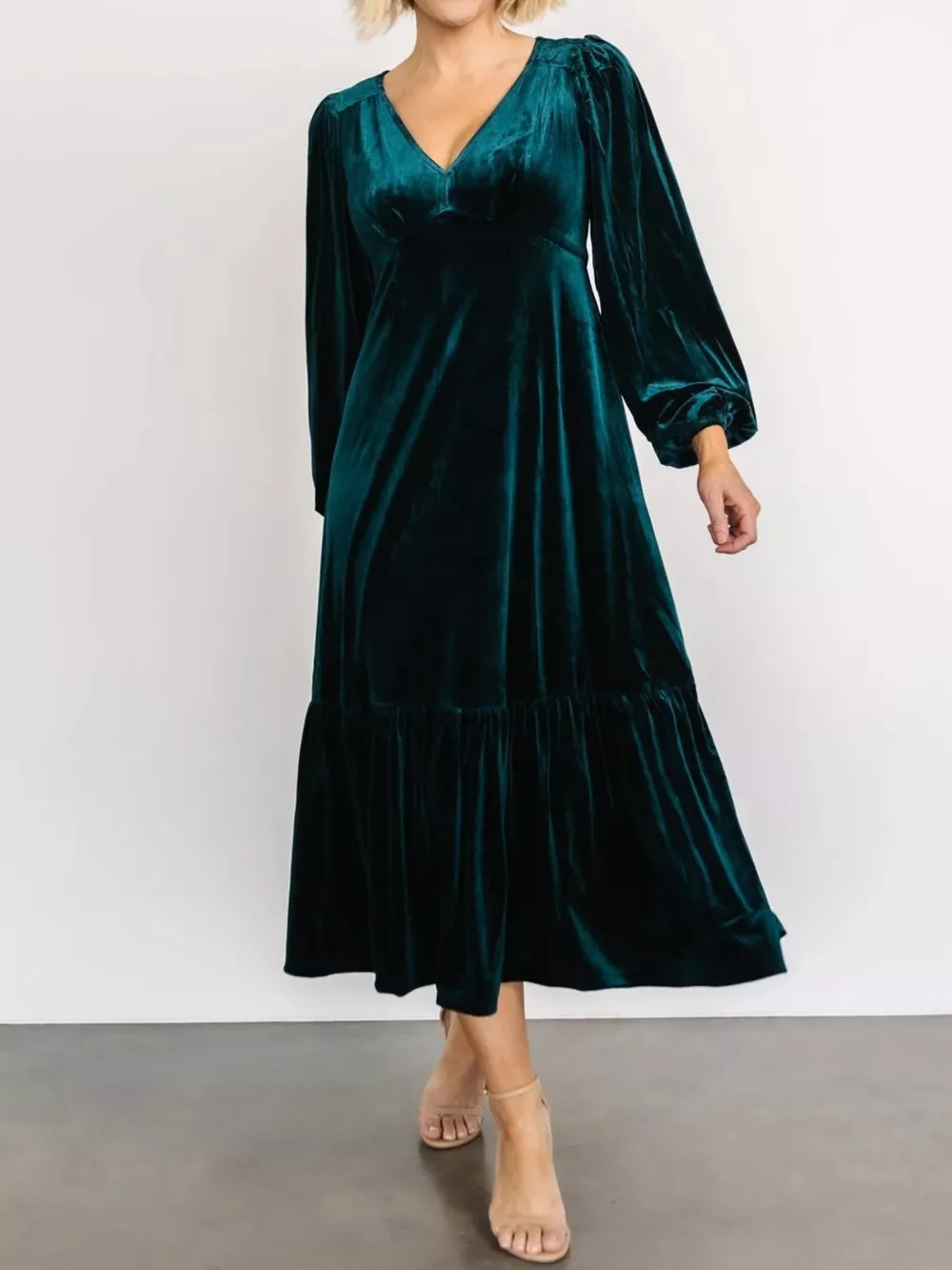 Velvet Tiered Long Sleeve Midi Dress, image 3