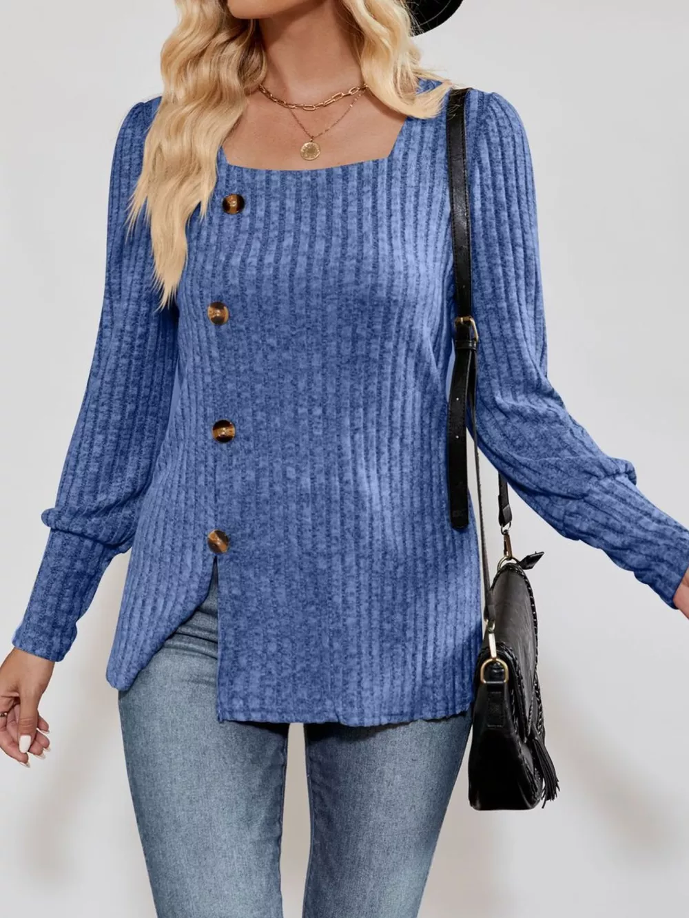 Ribbed Knit Slit Long Sleeve T-Shirt, image 11