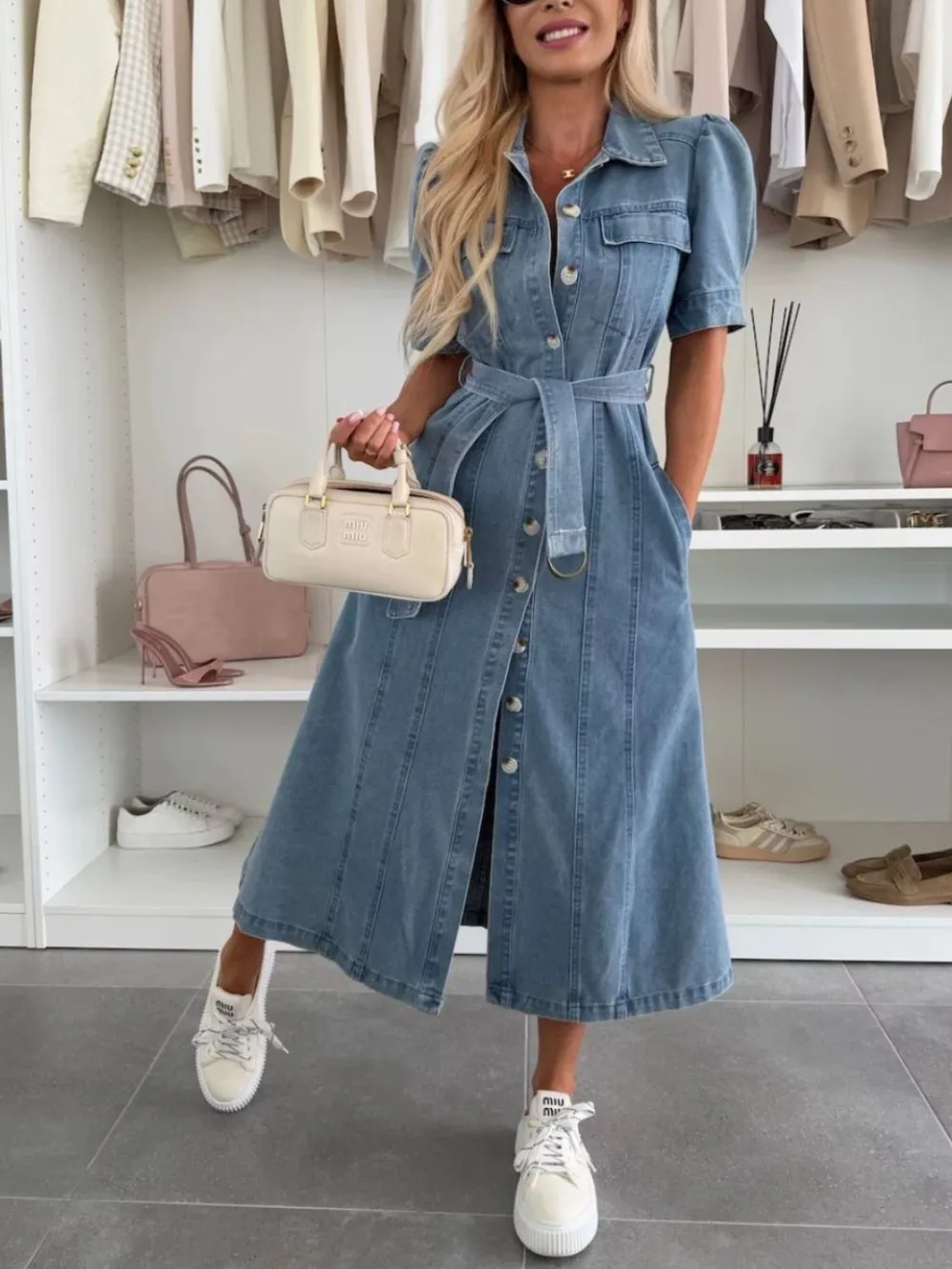 Puff Sleeve Button Down Belted Denim Midi Dress, image 6