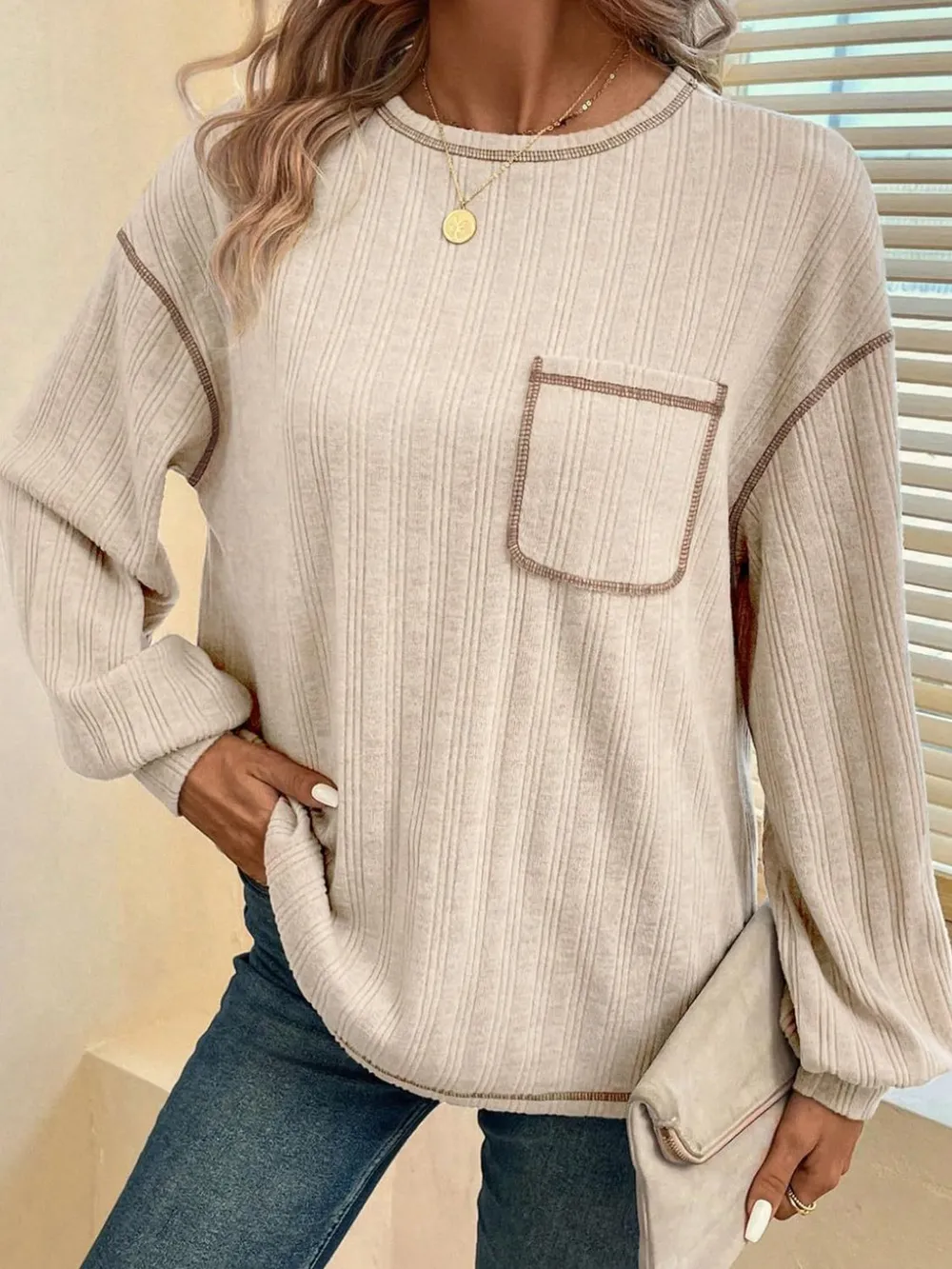 Contrast Stitching Round Neck Long Sleeve T-Shirt, image 3