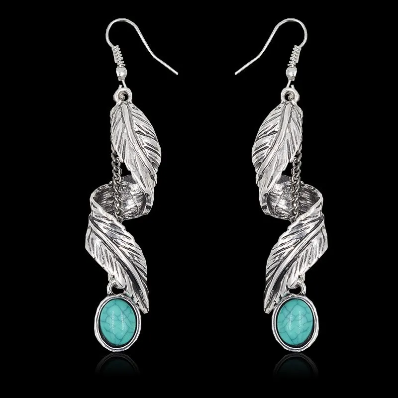 Alloy Leaf Artificial Turquoise Earrings, image 2