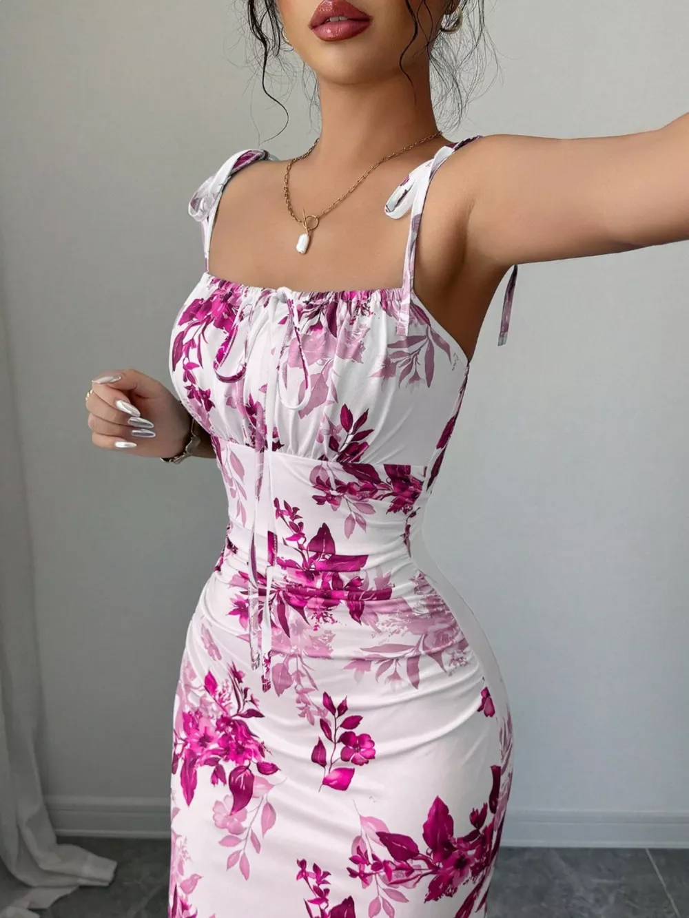 Printed Tie Strap Slit Maxi Dress, image 4