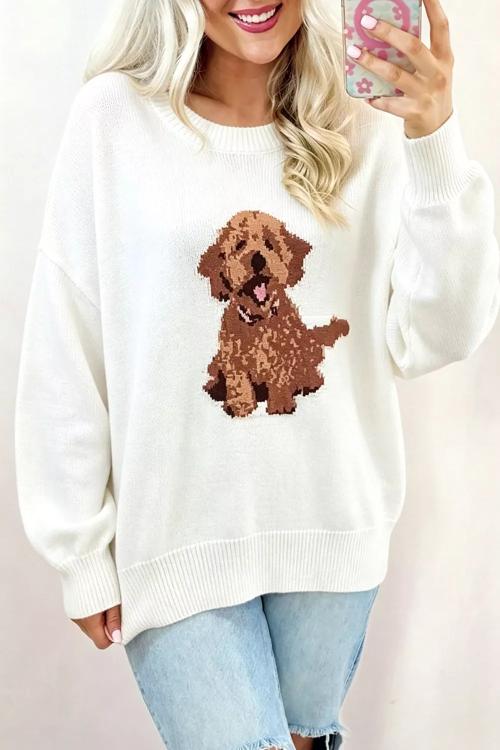 Puppy Graphic Round Neck Sweater