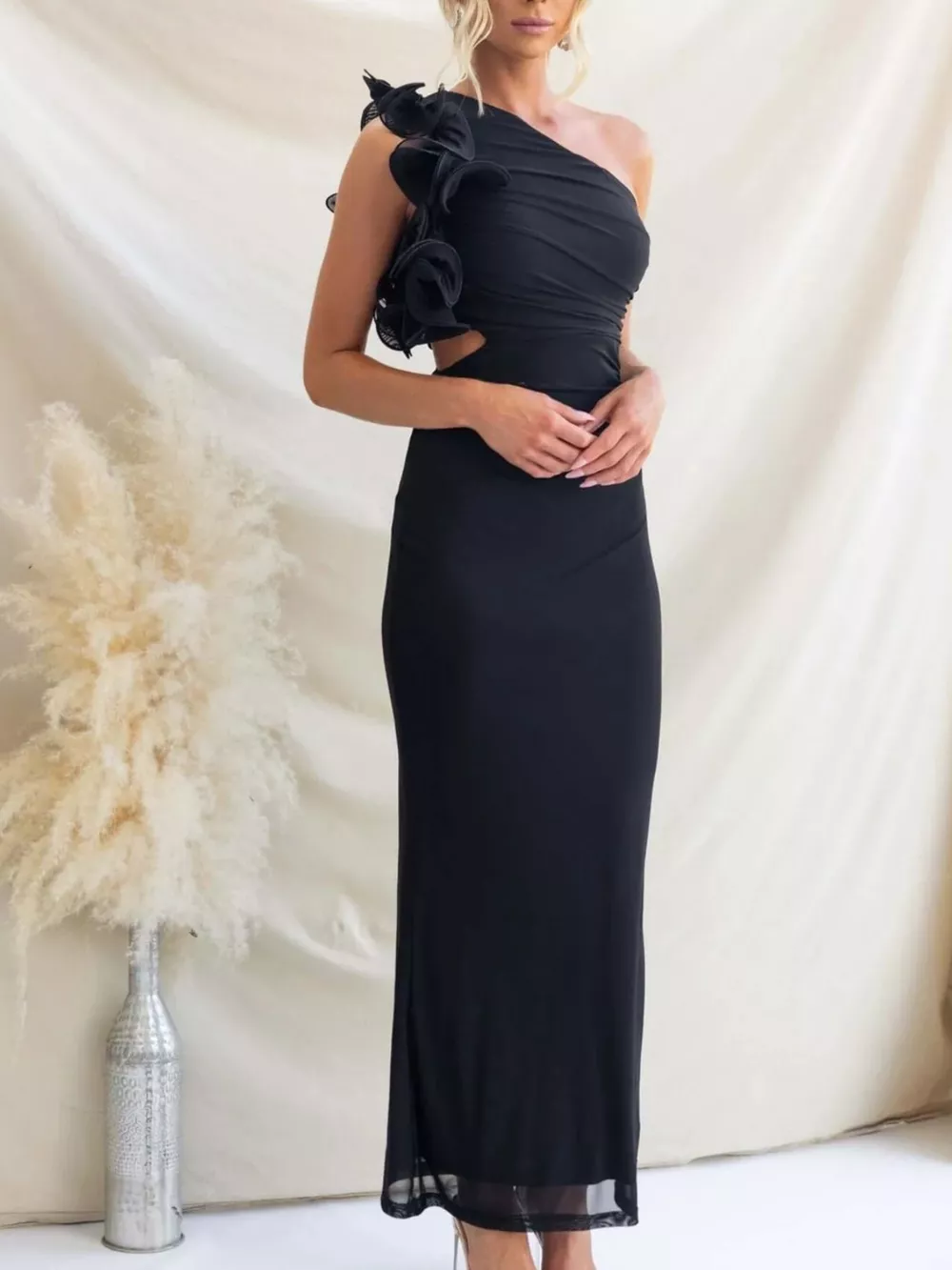 One-Shoulder Floral Trim Sleeveless Maxi Dress, image 8