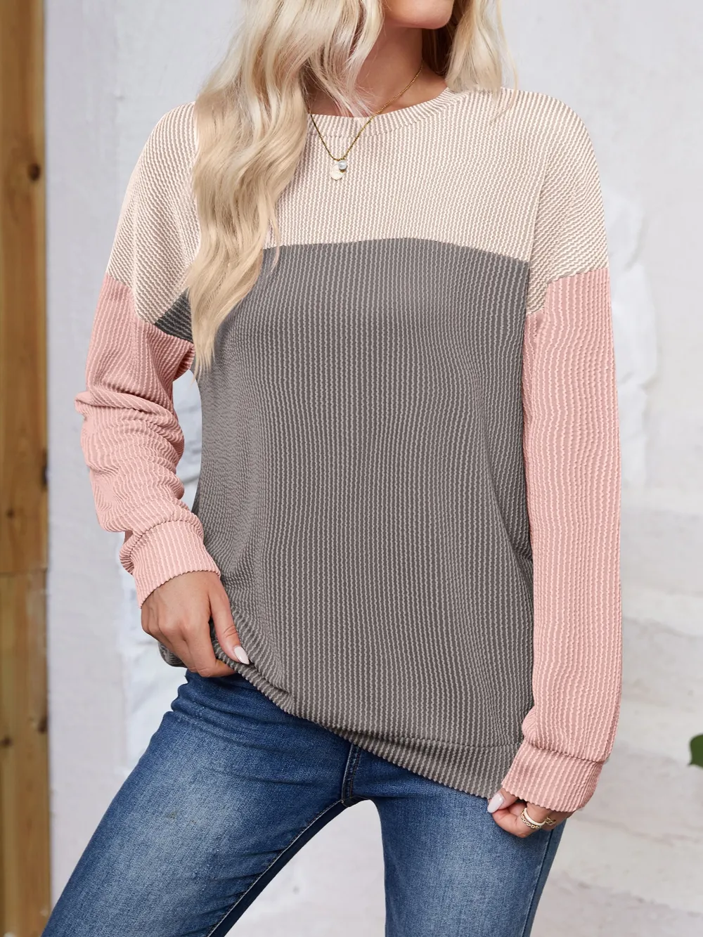Color Block Round Neck Long Sleeve Sweatshirt, image 6