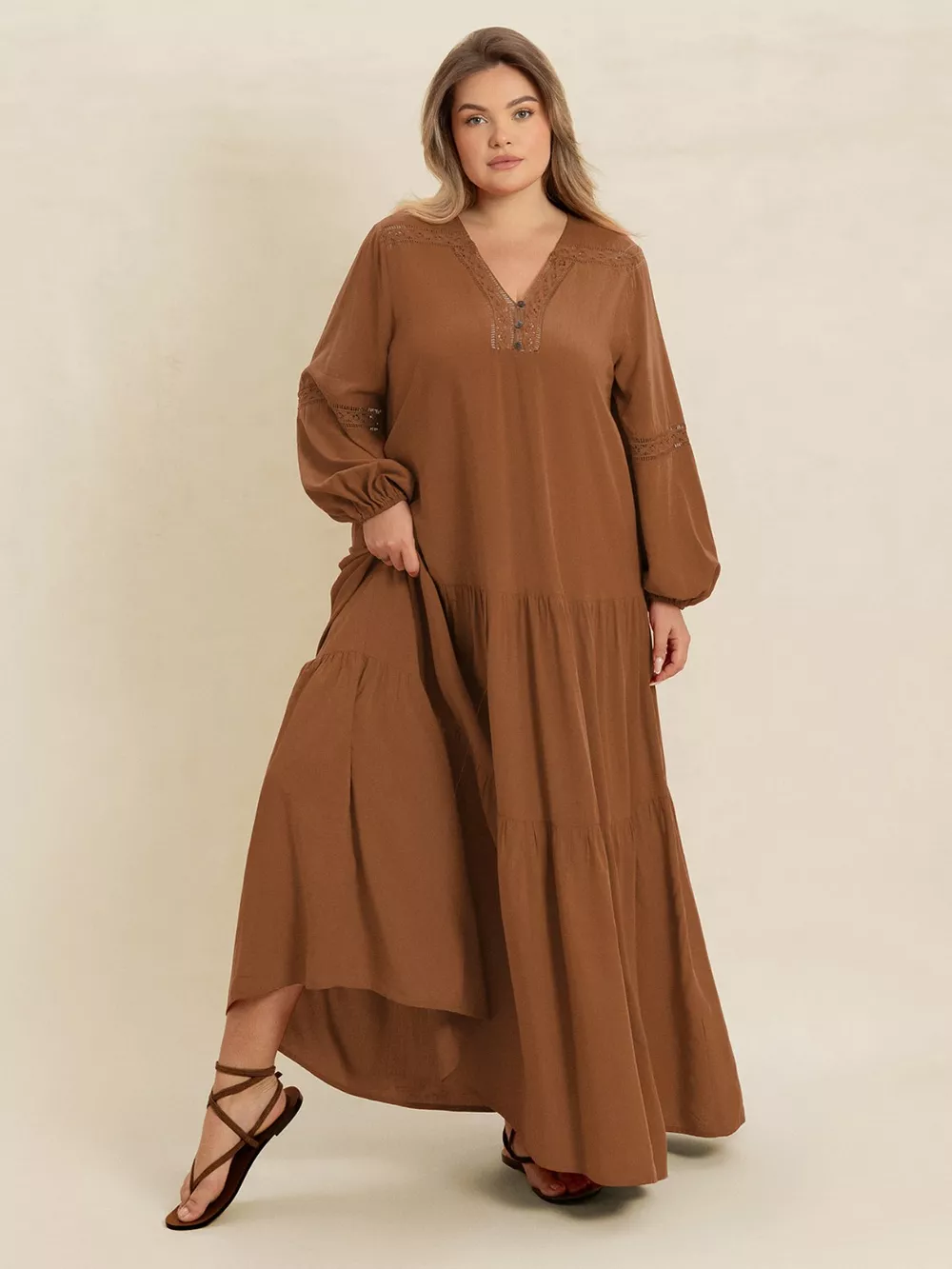 Plus Size Bohemian Tiered Maxi Dress with Balloon Sleeves, image 6