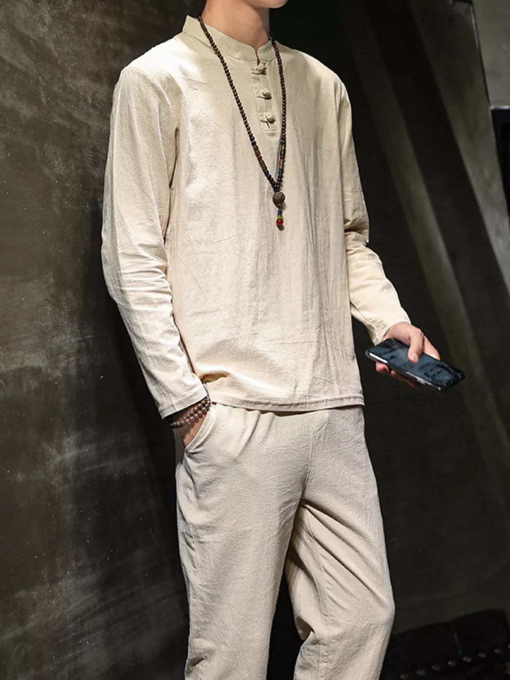 Men's Plus Size Button Detail Long Sleeve Top and Pants Set, image 2