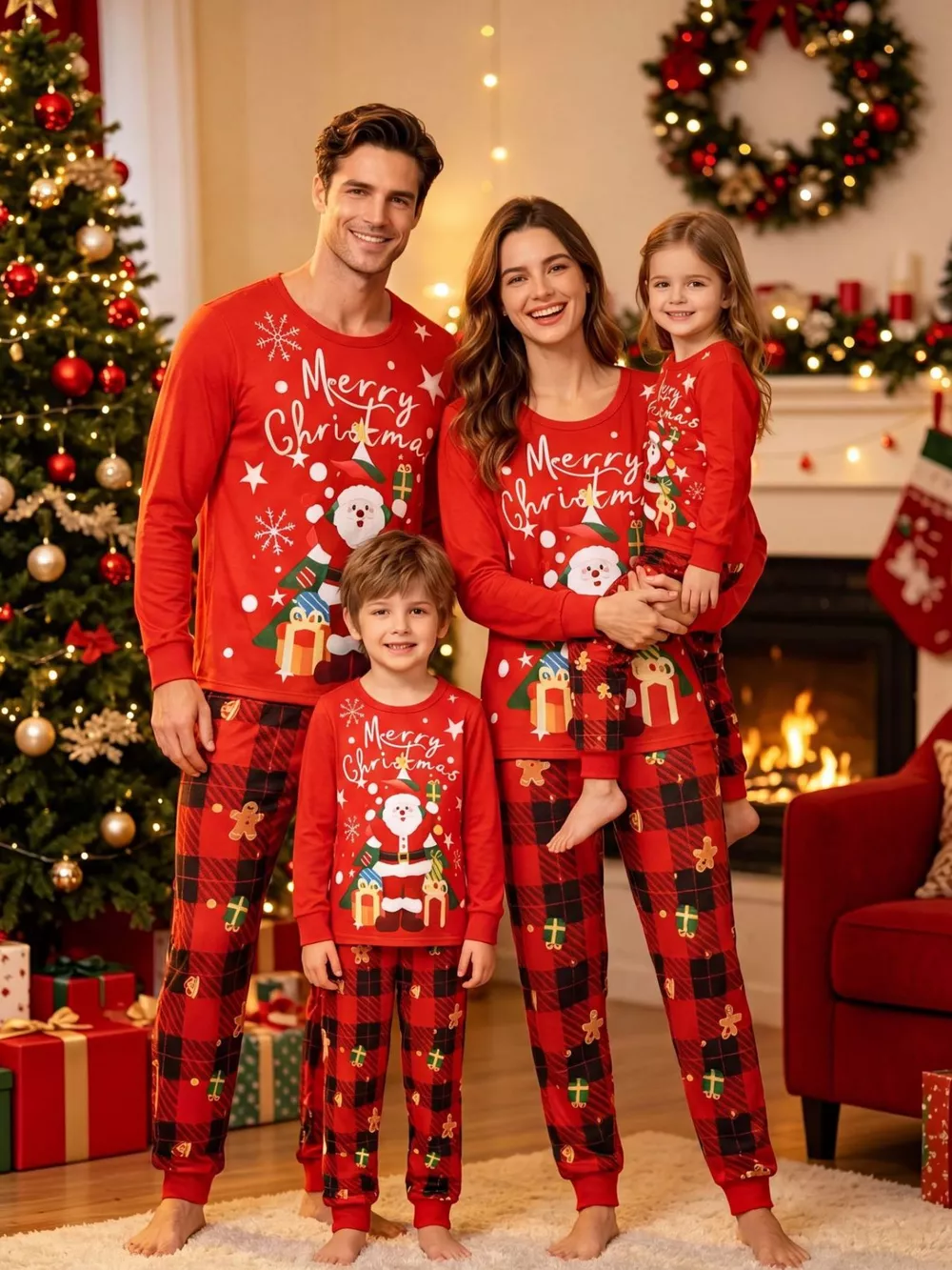 Family Matching Christmas Pajama Set with Santa and Plaid Print, image 7