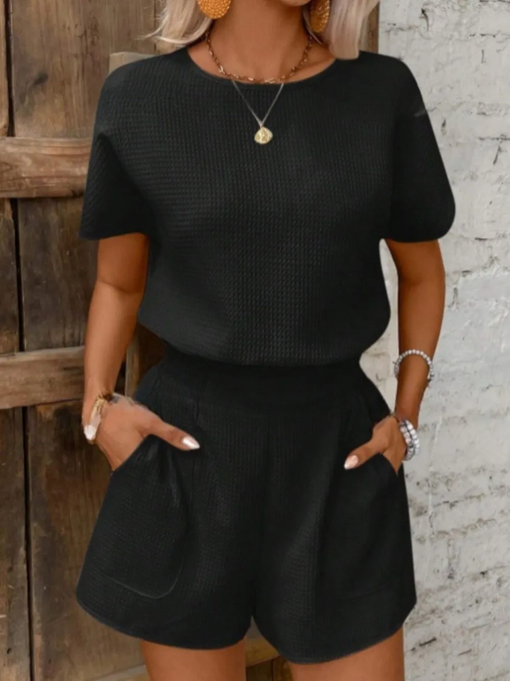 Round Neck Short Sleeve Top and Shorts Set, image 3