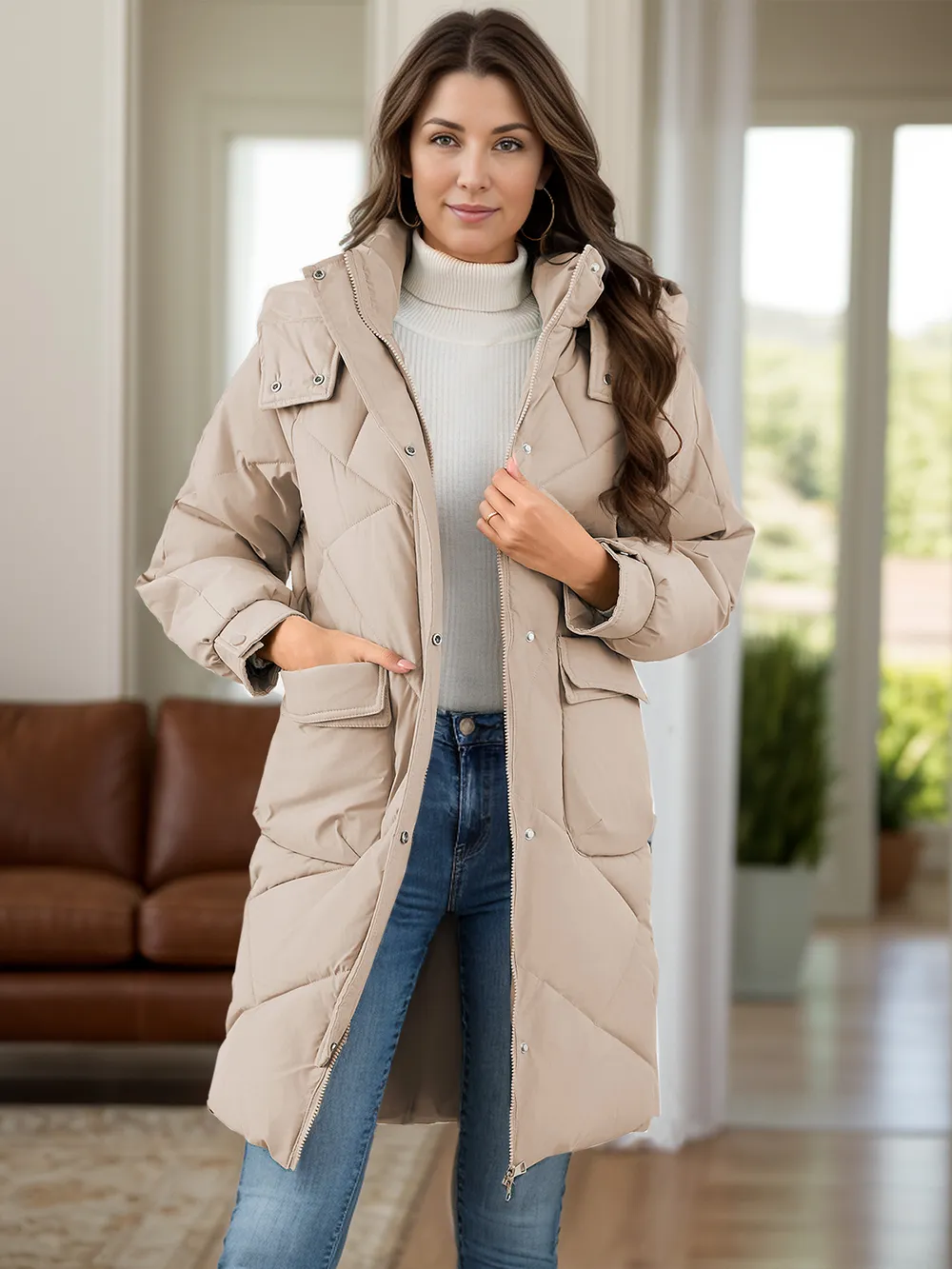 Long Sleeve Longline Hooded Winter Coat with Pockets, image 6