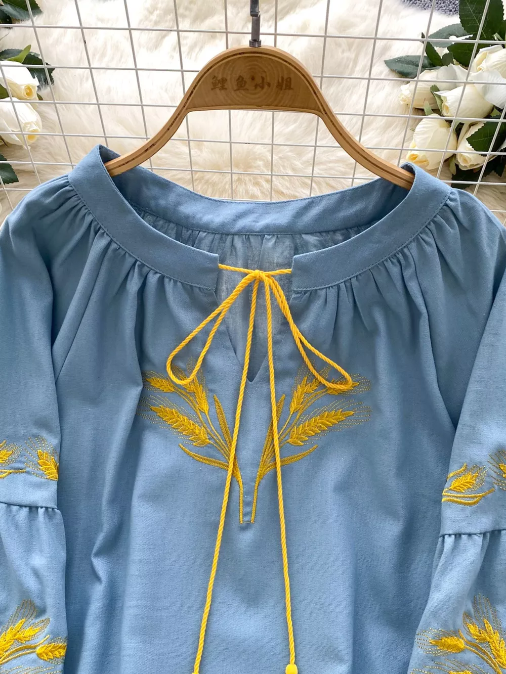 Embroidered Wheat Pattern Tie Neck Blouse, image 19