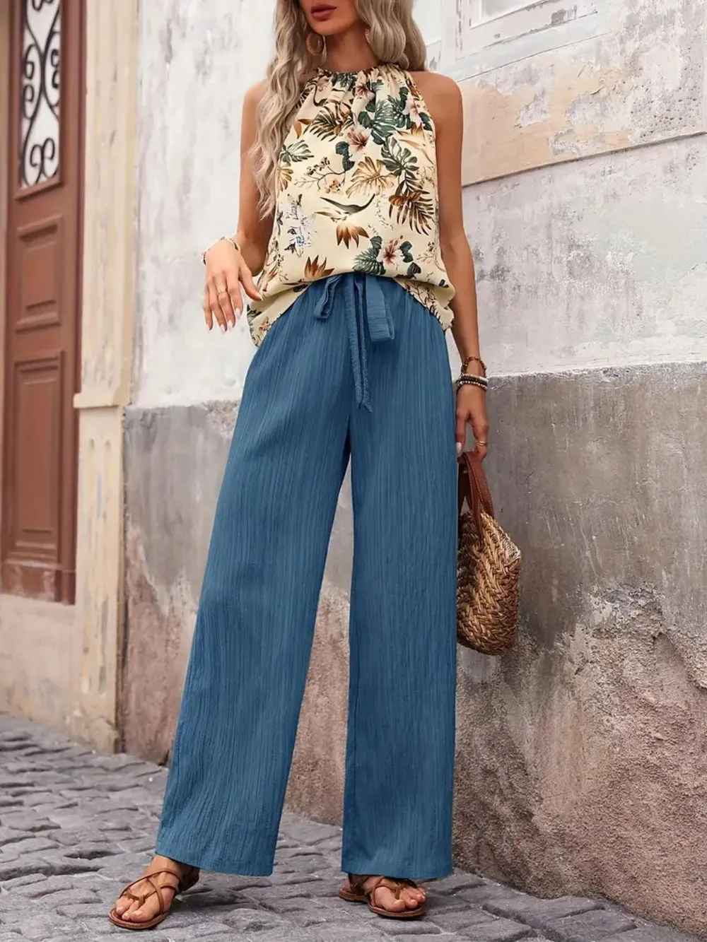 Printed Tank Top and Wide Leg Pants Set