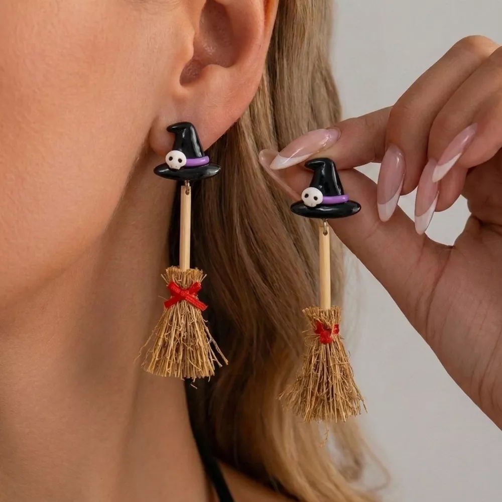 Halloween Witch Hat and Broomstick Dangle Earrings