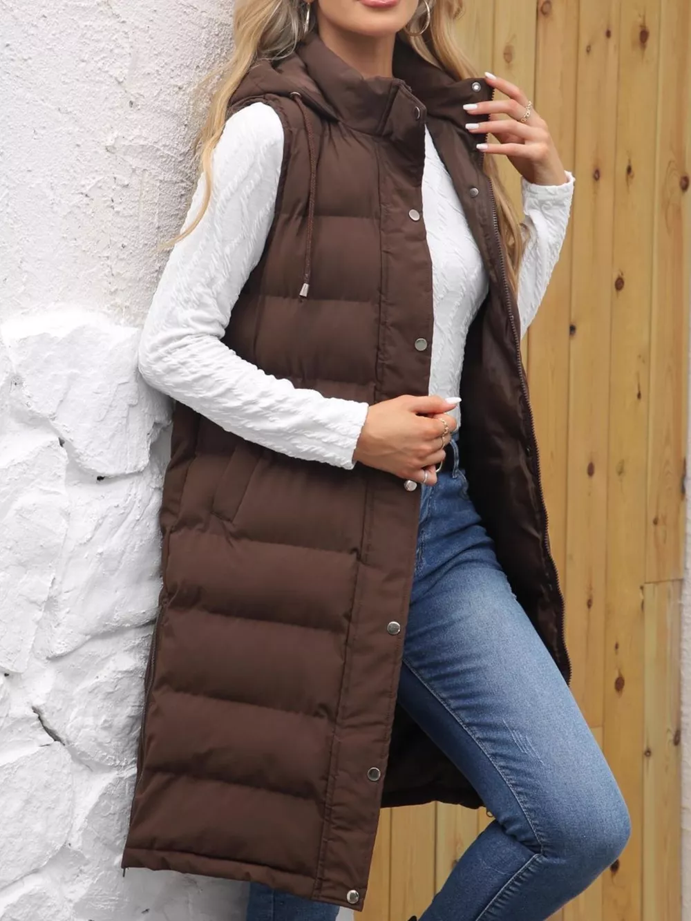 Full Size Snap Down Hooded Padded Longline Vest Coat Plus Size, image 2