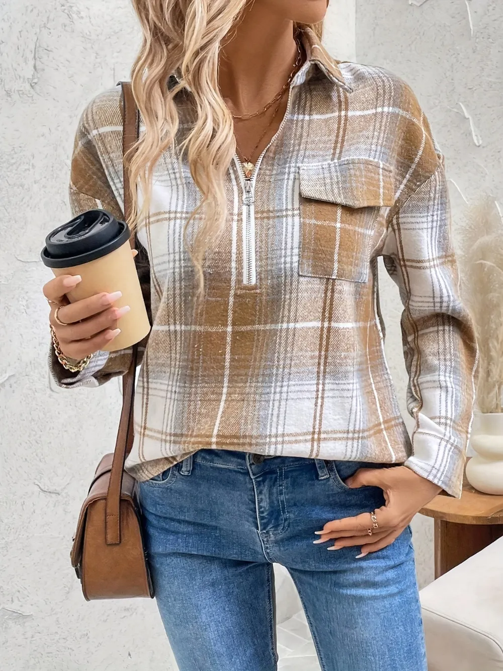 Plaid Collared Neck Half Zip Long Sleeve Top, image 4