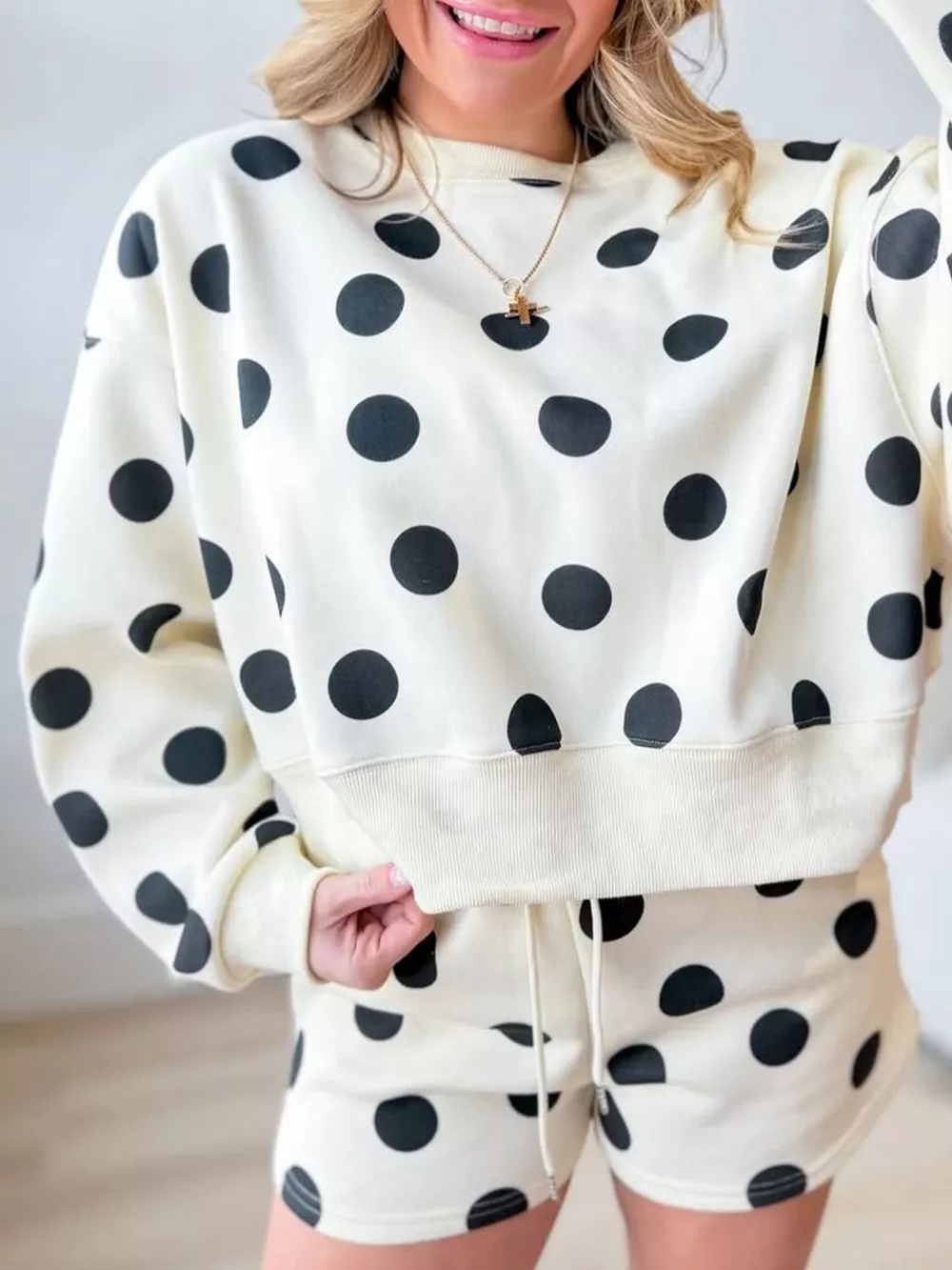 Polka Dot Crewneck Sweatshirt and Shorts Set, image 4