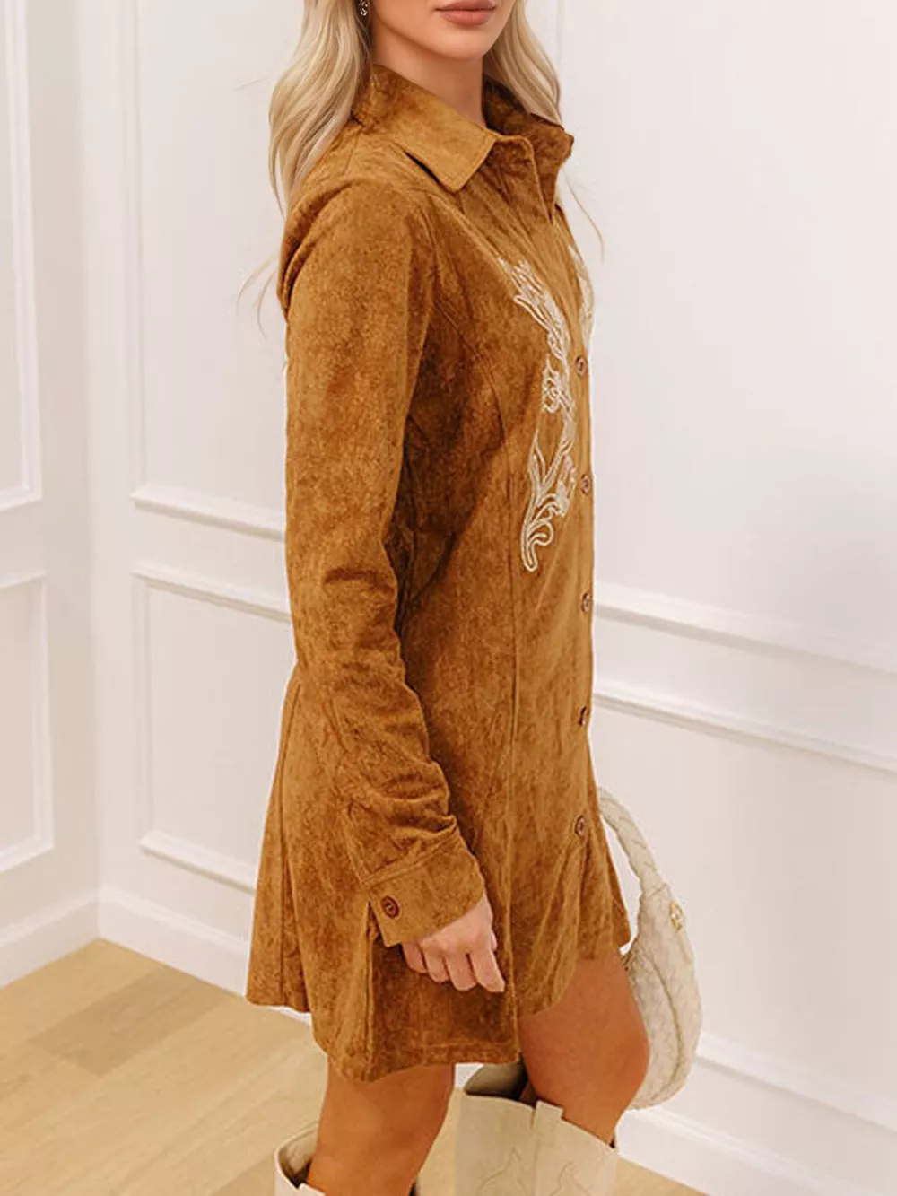 Floral Embroidered Button-Down Shirt Dress, image 2