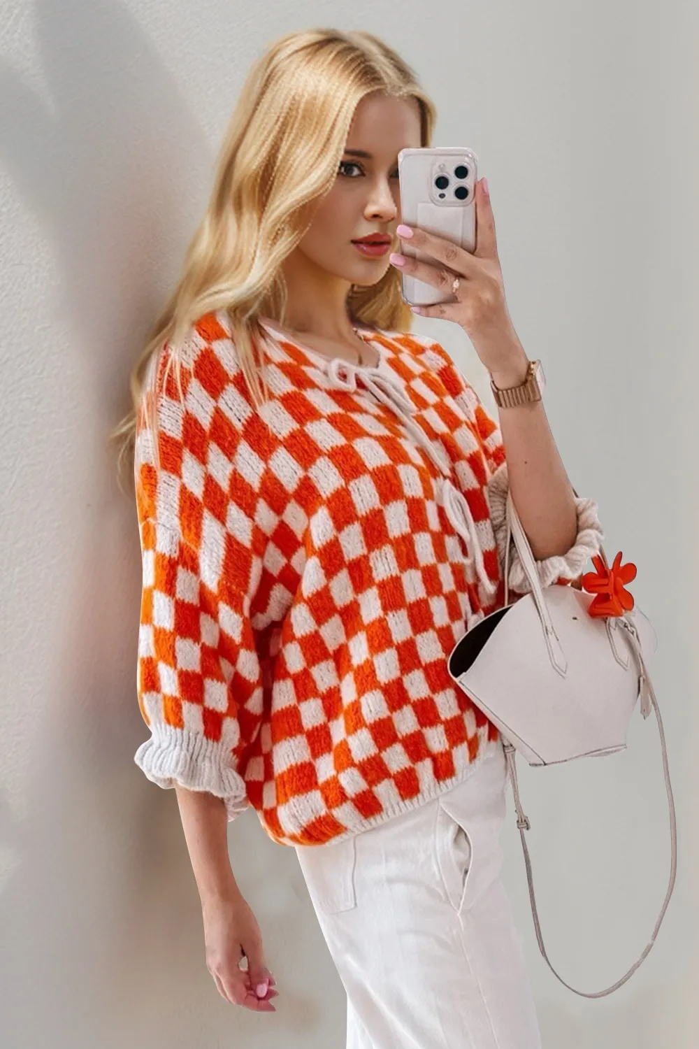 Tied Checkered Dropped Shoulder Flounce Sleeve Cardigan, image 6