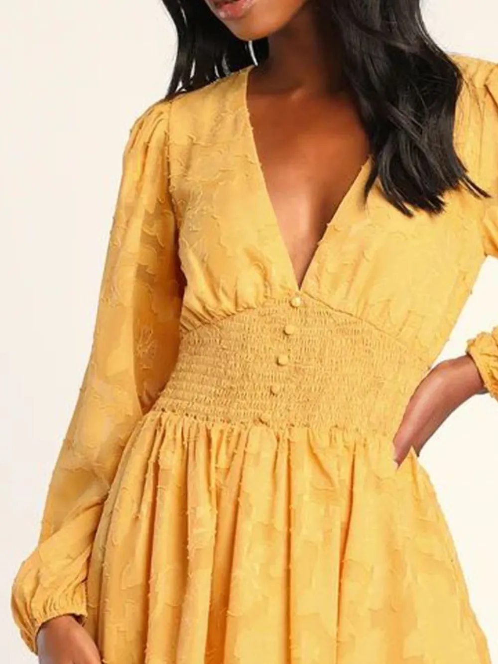 Smocked V-Neck Balloon Sleeve Dress, image 11